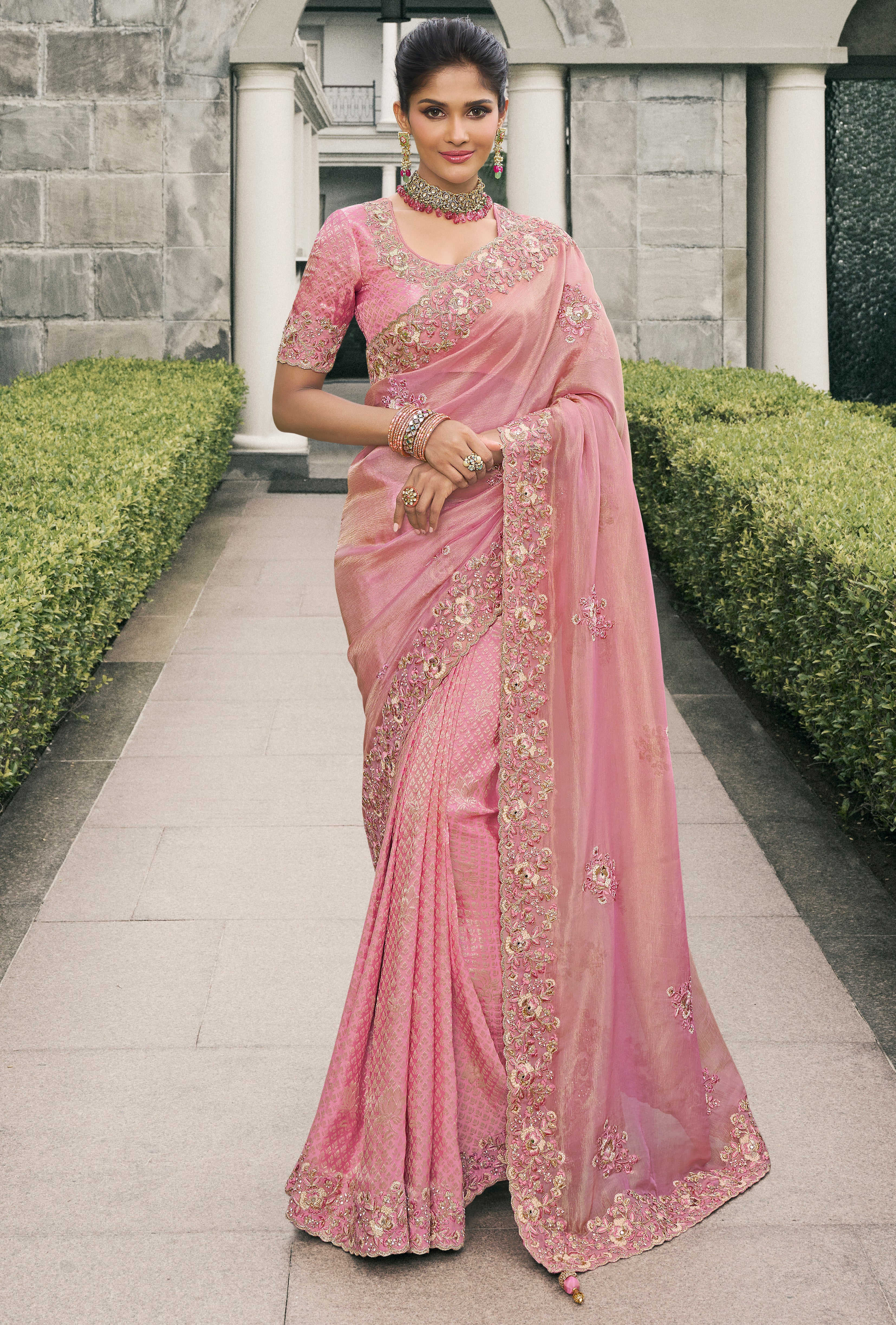 Pink Saree With  Heavy Thread Embroidery, Stone, Pearl, Real Mirror Work