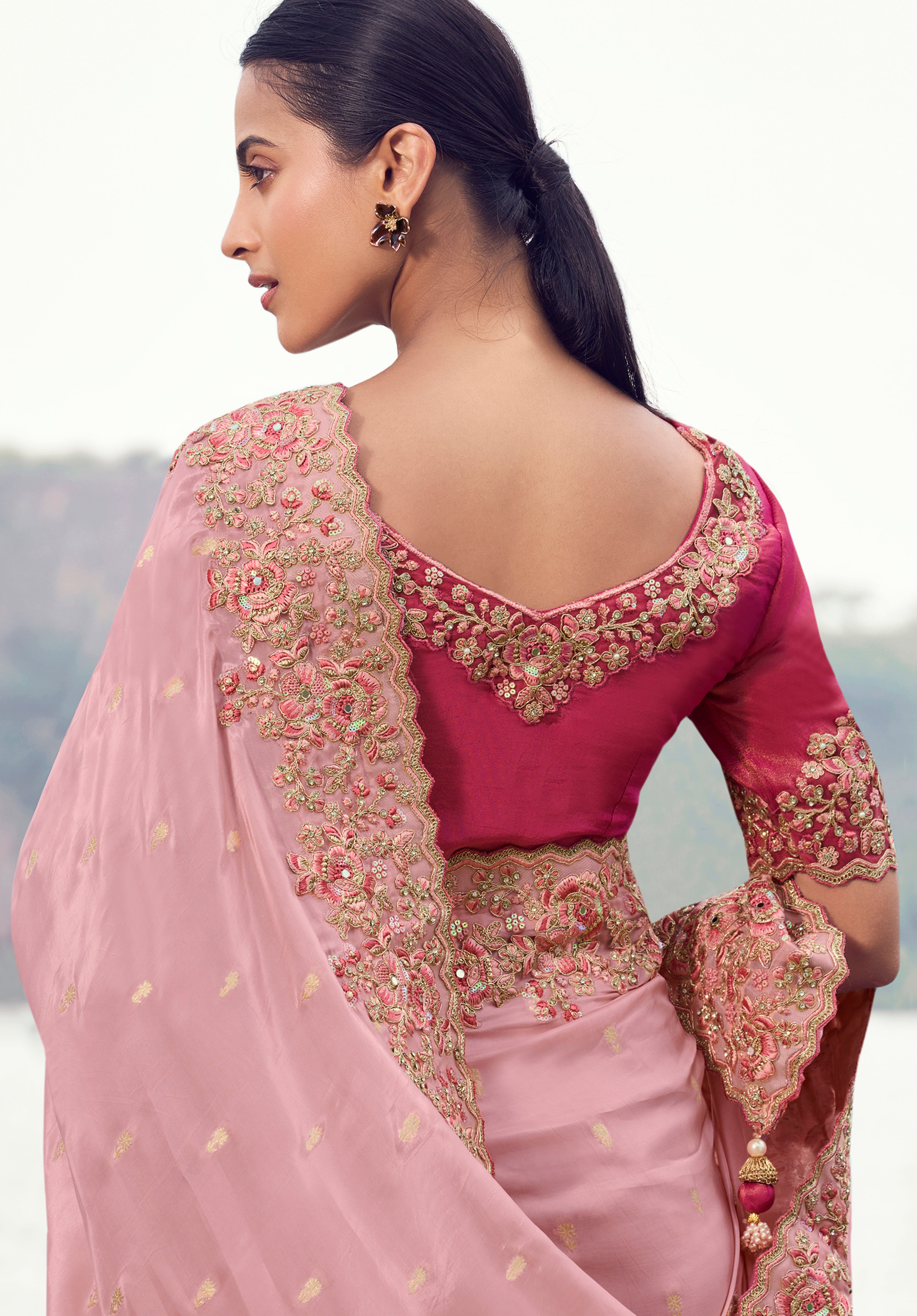 Pink Saree With  Jacquard Woven With Embroidered Border & Blouse