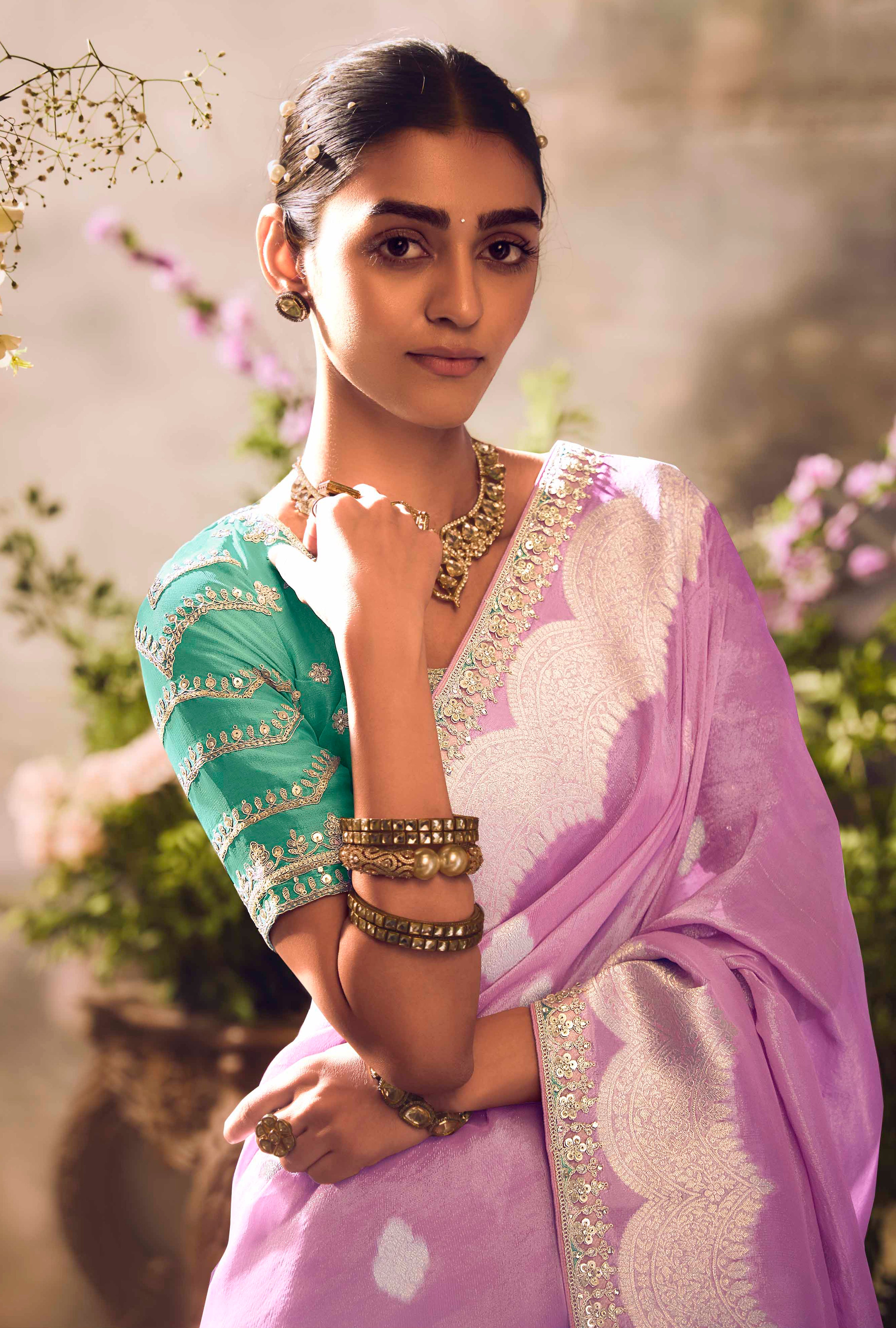 Pink Saree With  Jacquard Woven Work with Embroidered Lace Border