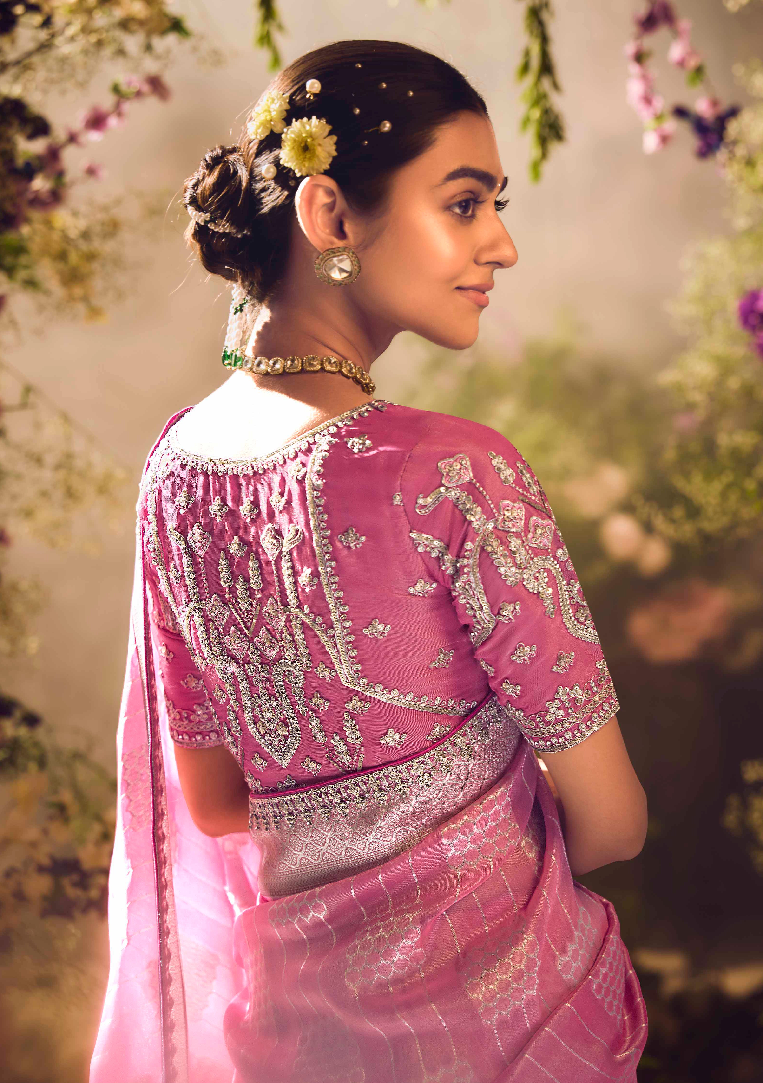 Pink Saree With  Jacquard Woven Work with Embroidered Lace Border