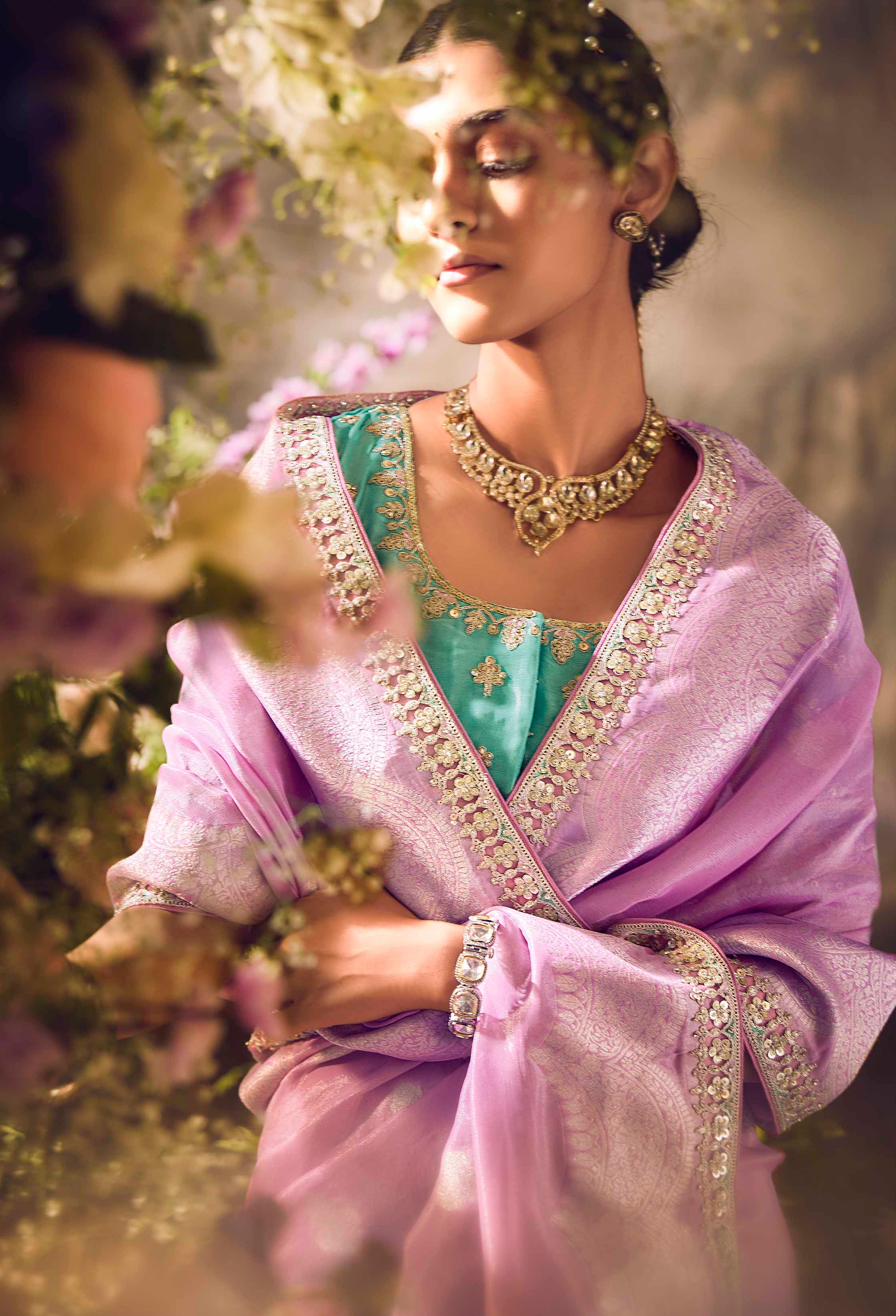 Pink Saree With  Jacquard Woven Work with Embroidered Lace Border