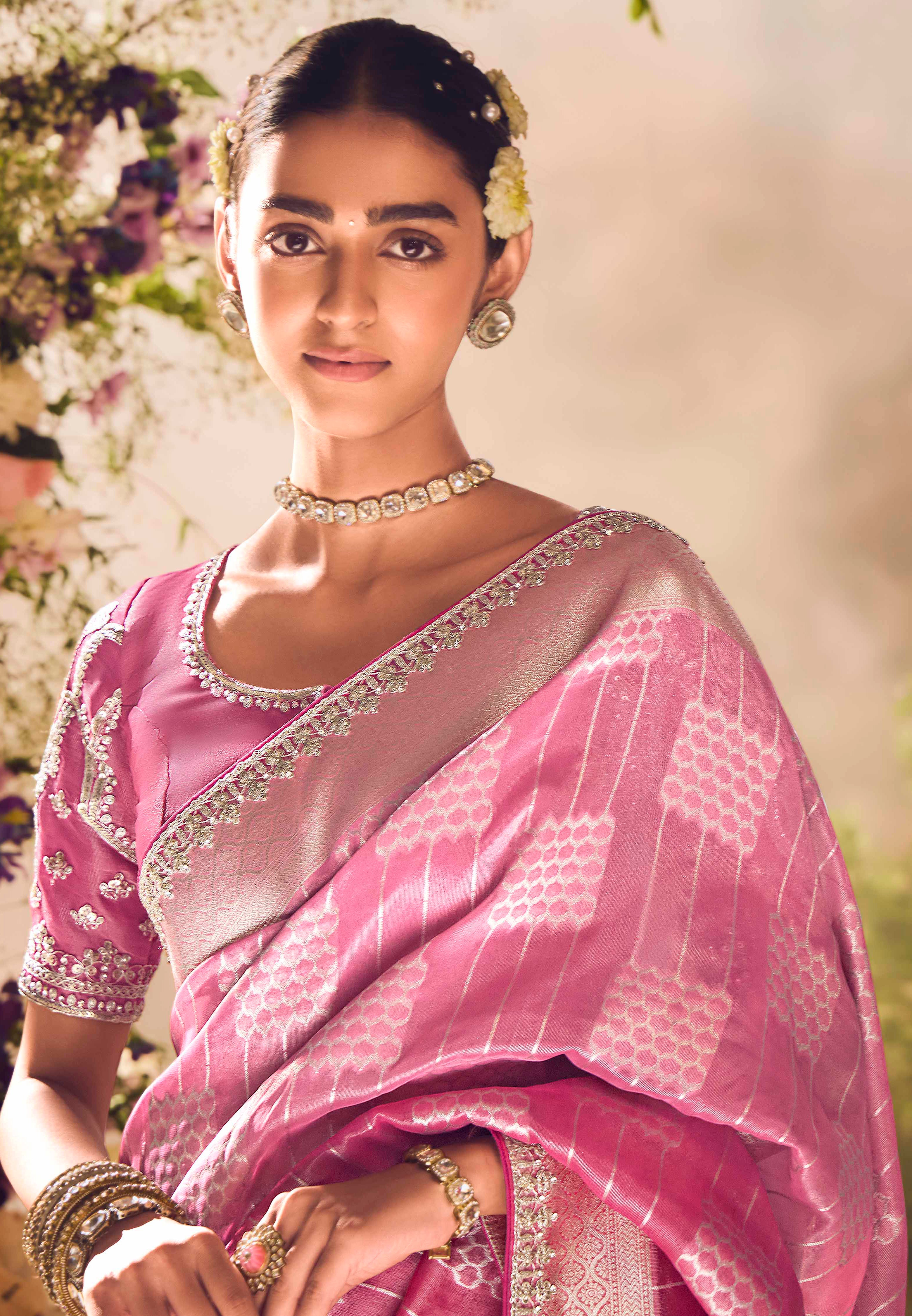 Pink Saree With  Jacquard Woven Work with Embroidered Lace Border