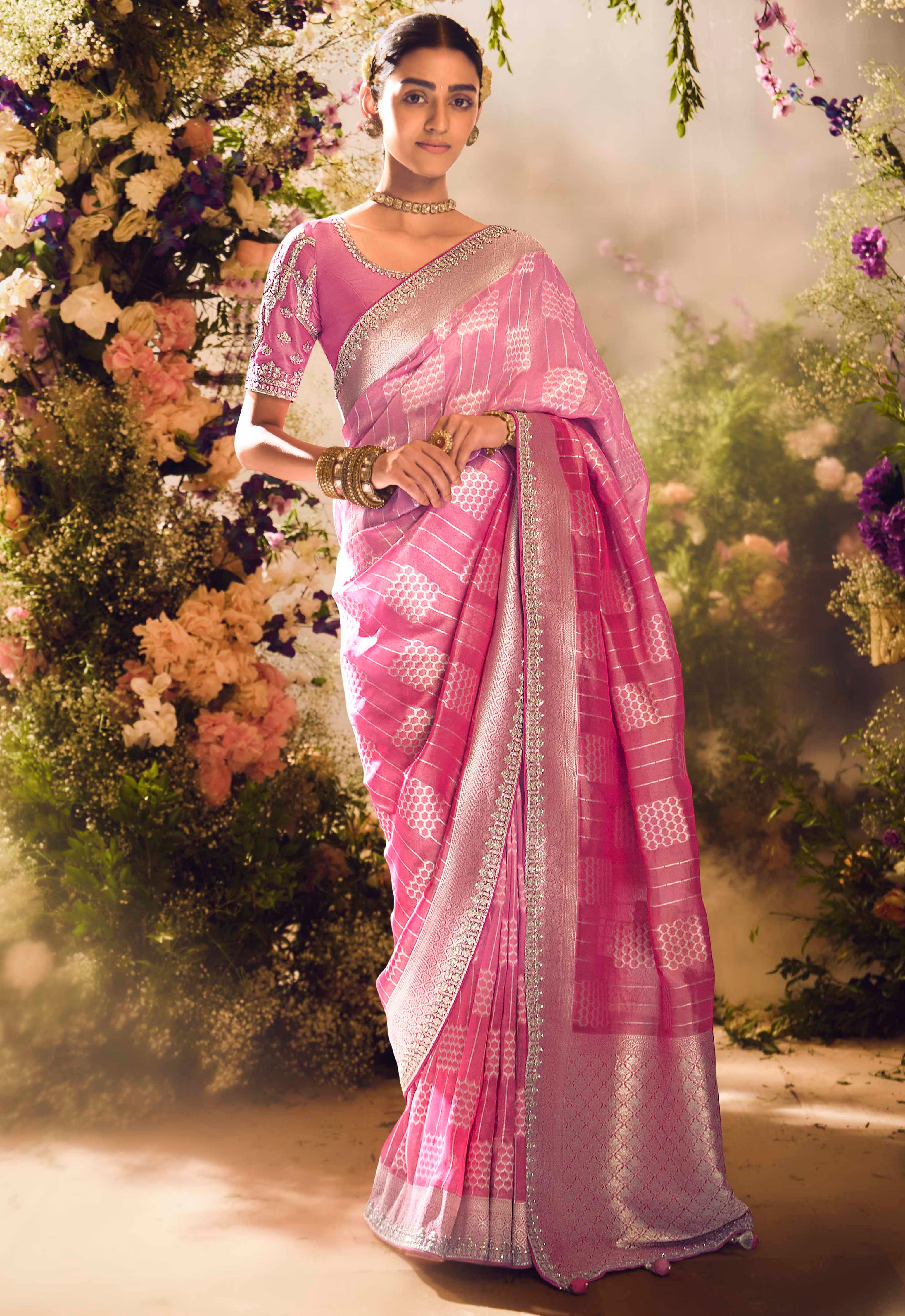 Pink Saree With  Jacquard Woven Work with Embroidered Lace Border