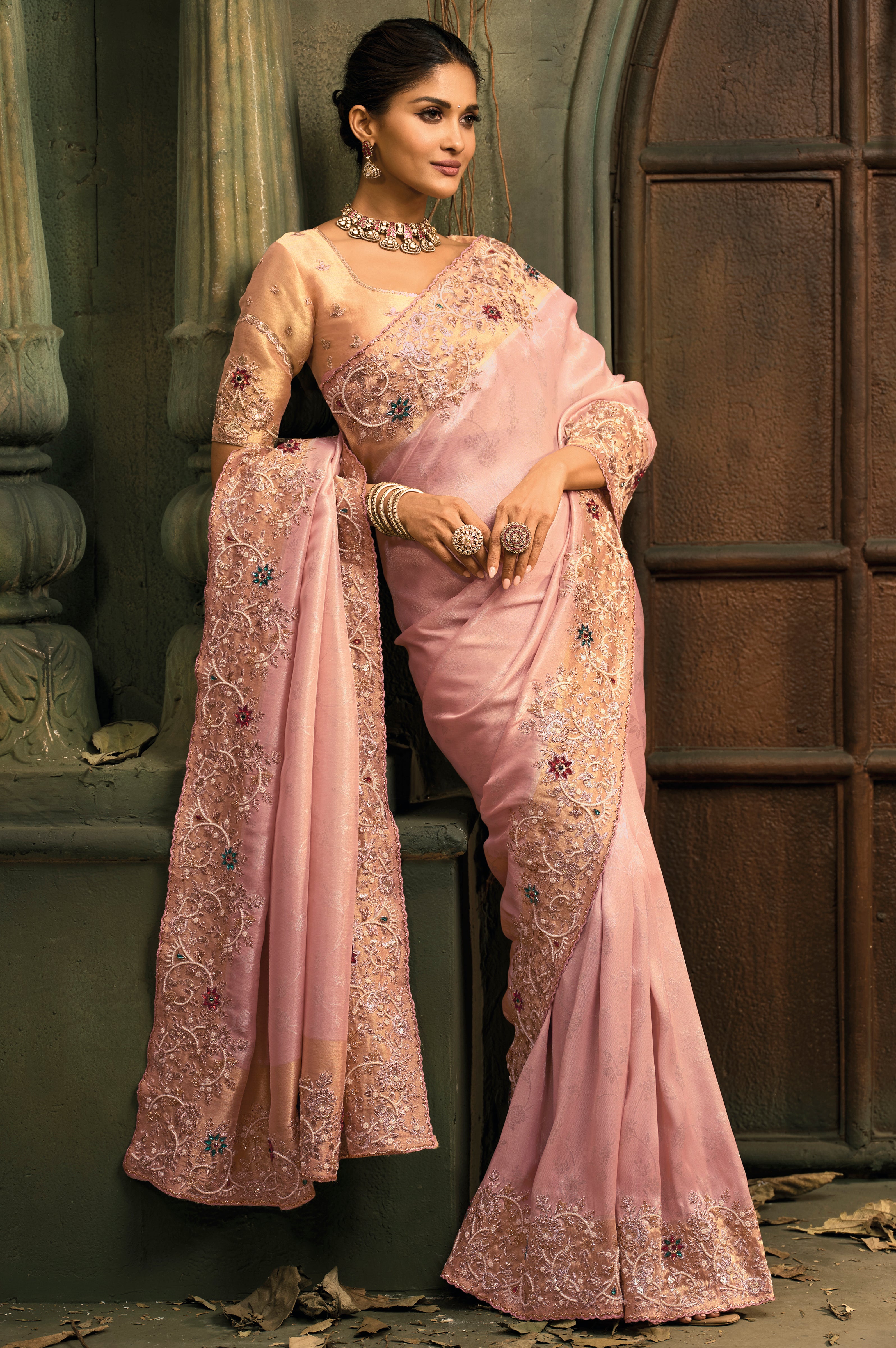 Pink Saree With  Jari, Moti, Cut-Dana With Emerald Heavy Work