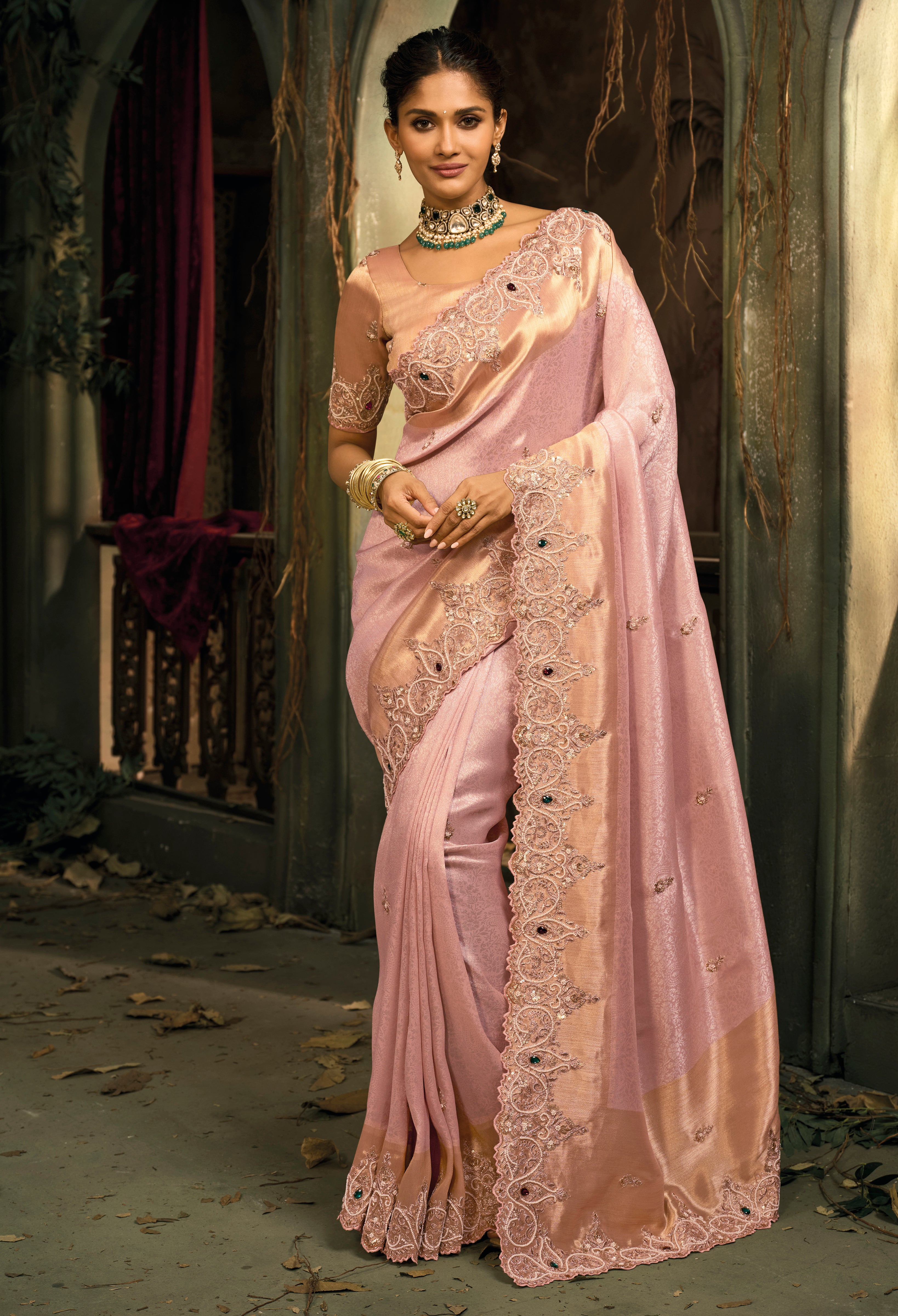 Pink Saree With  Jari, Moti, Cut-Dana With Emerald Heavy Work