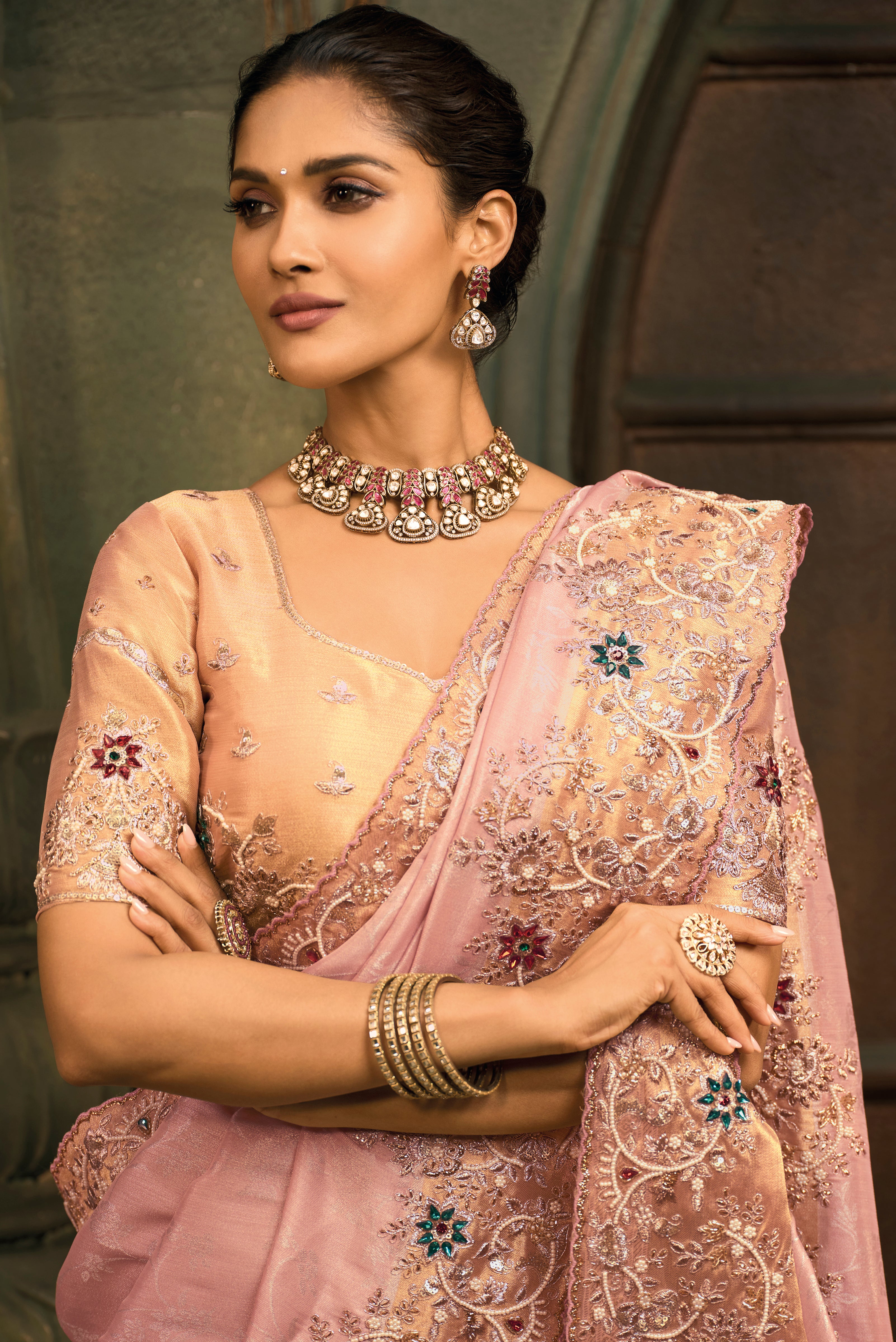 Pink Saree With  Jari, Moti, Cut-Dana With Emerald Heavy Work