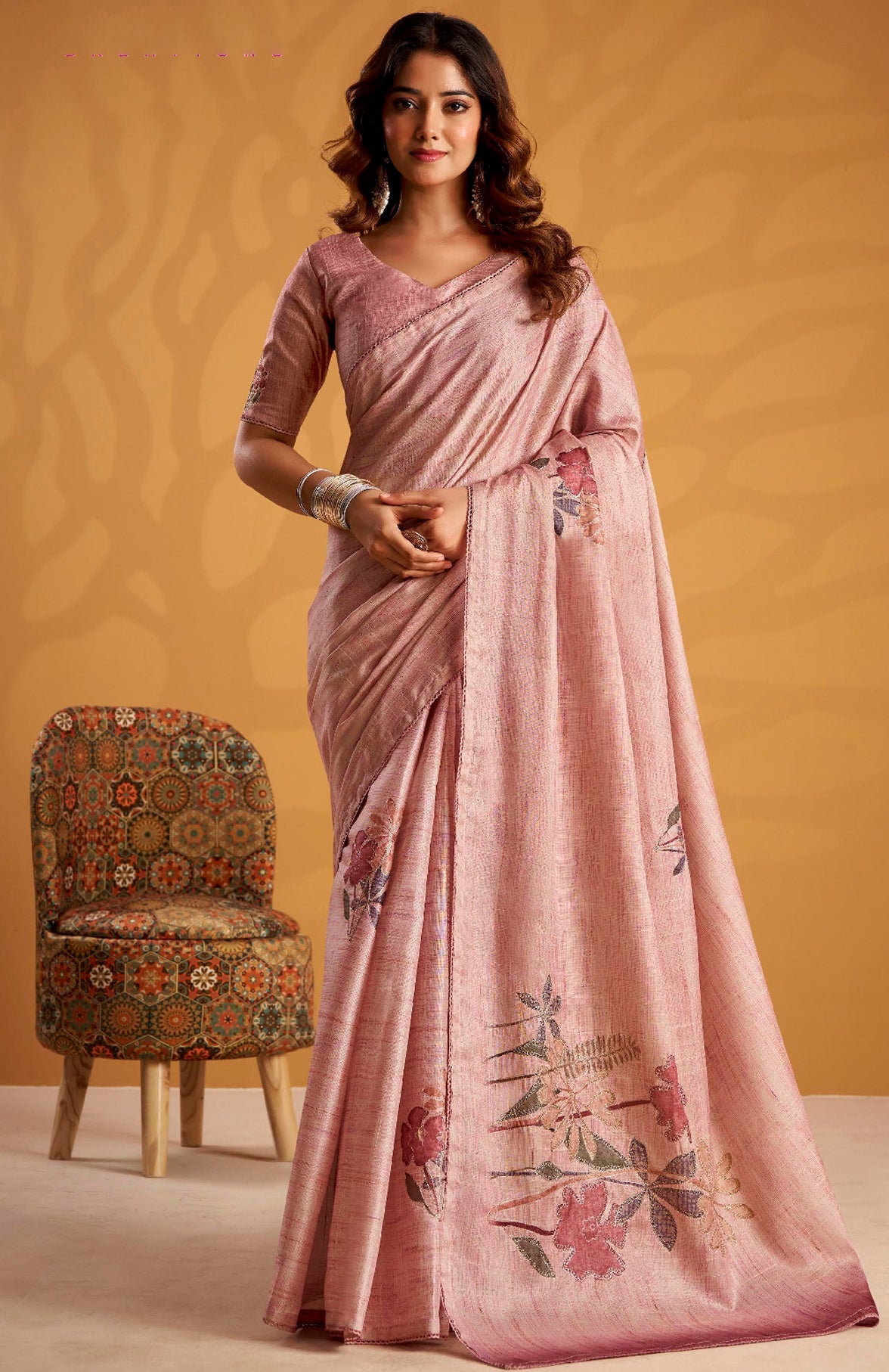 Pink Saree With  Printed With Kasheeda work