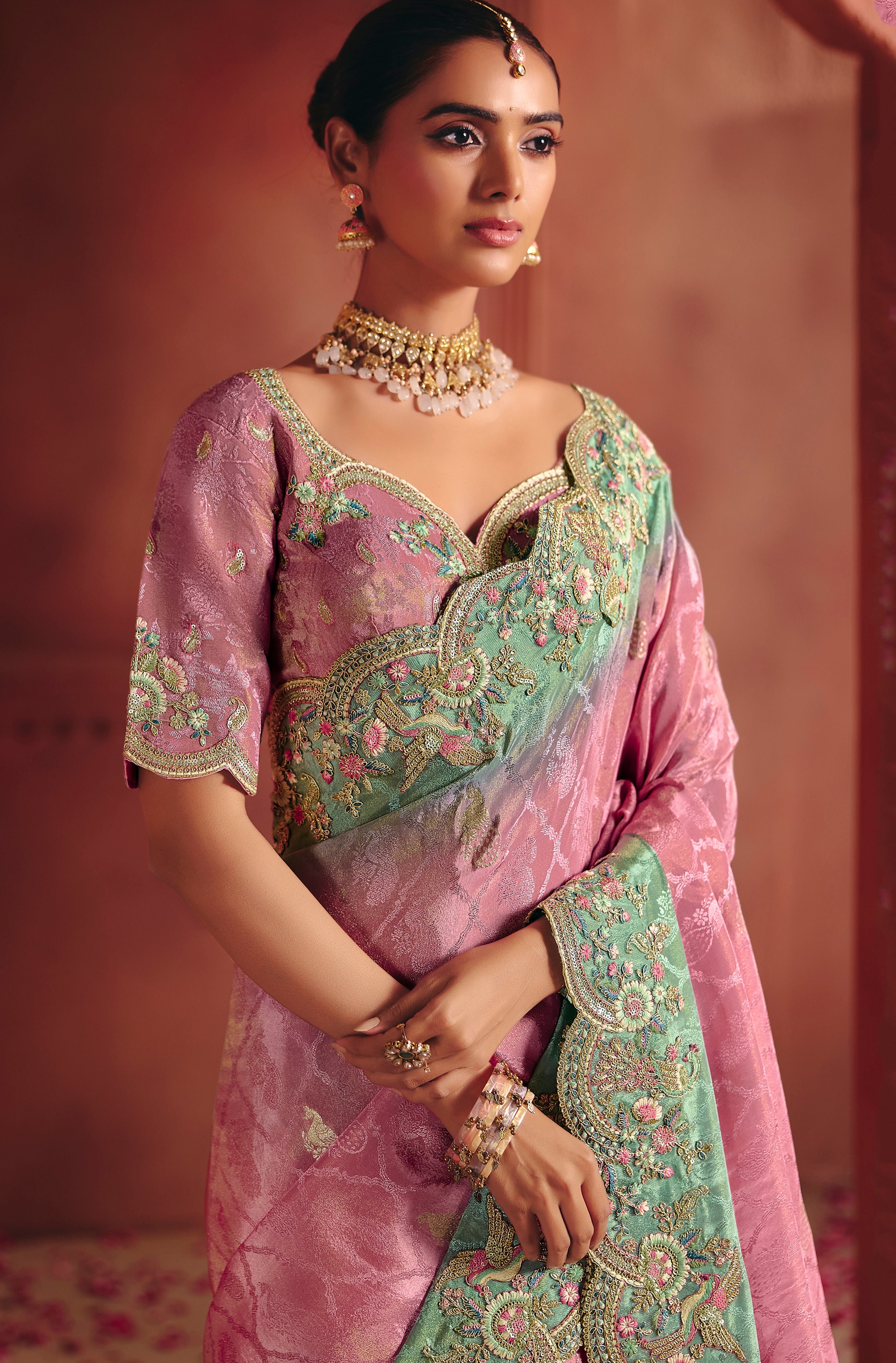 Pink Saree With  Sequin, Thread, Weaving Heavy Embroidery Work  With Heavy Embroidery Work Blouse