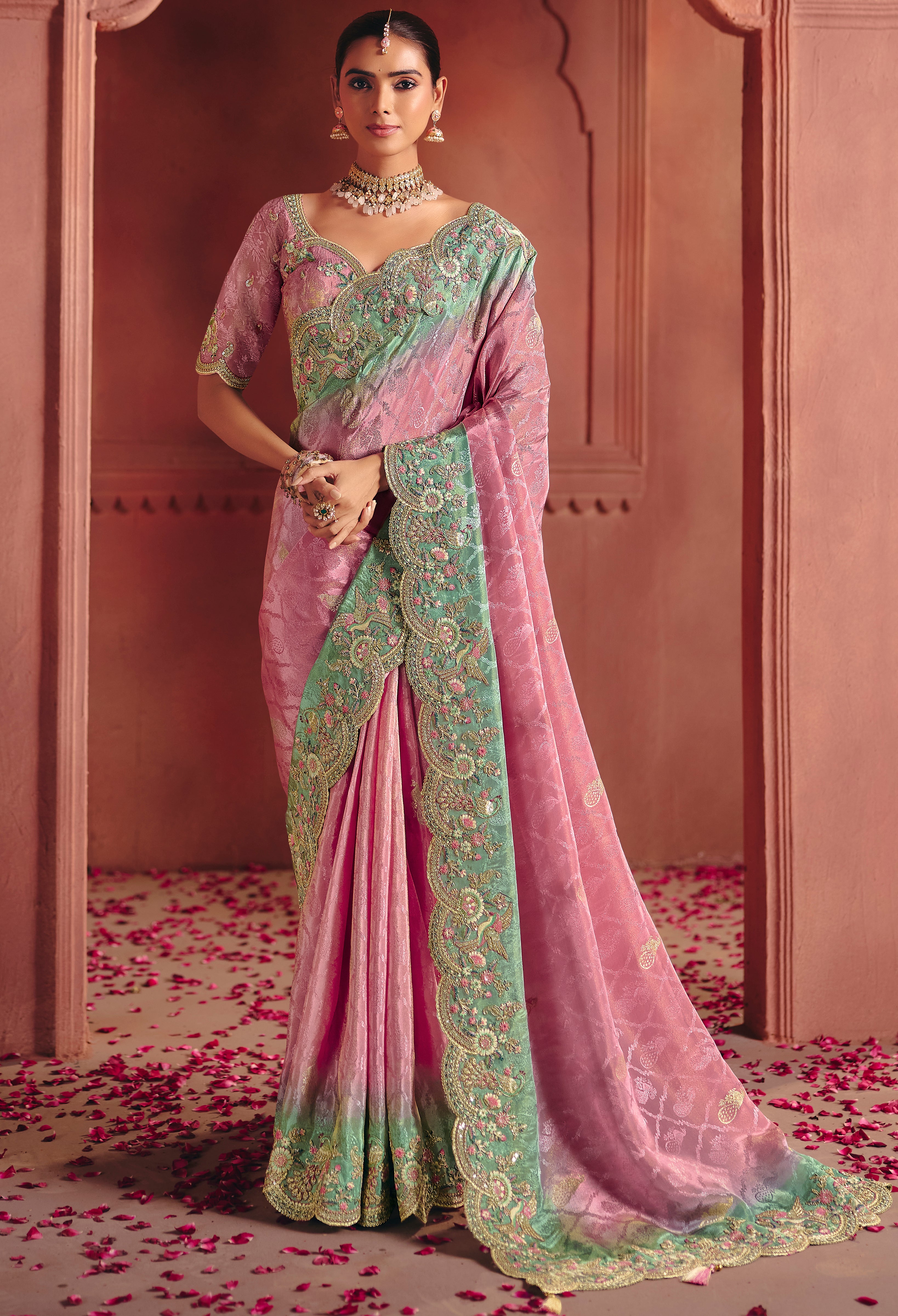 Pink Saree With  Sequin, Thread, Weaving Heavy Embroidery Work  With Heavy Embroidery Work Blouse