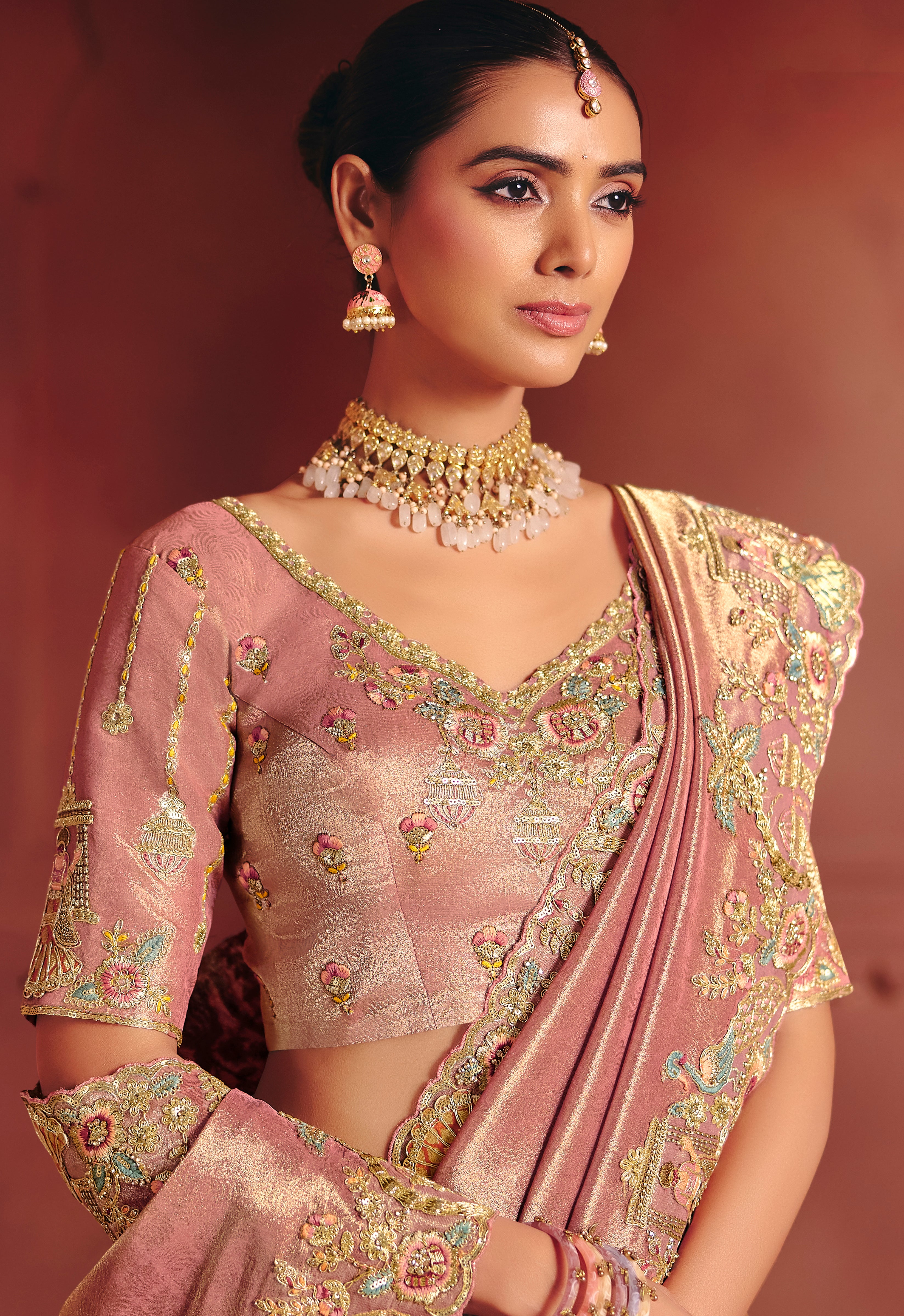 Pink Saree With  Sequin, Thread, Weaving Heavy Embroidery Work  With Heavy Embroidery Work Blouse