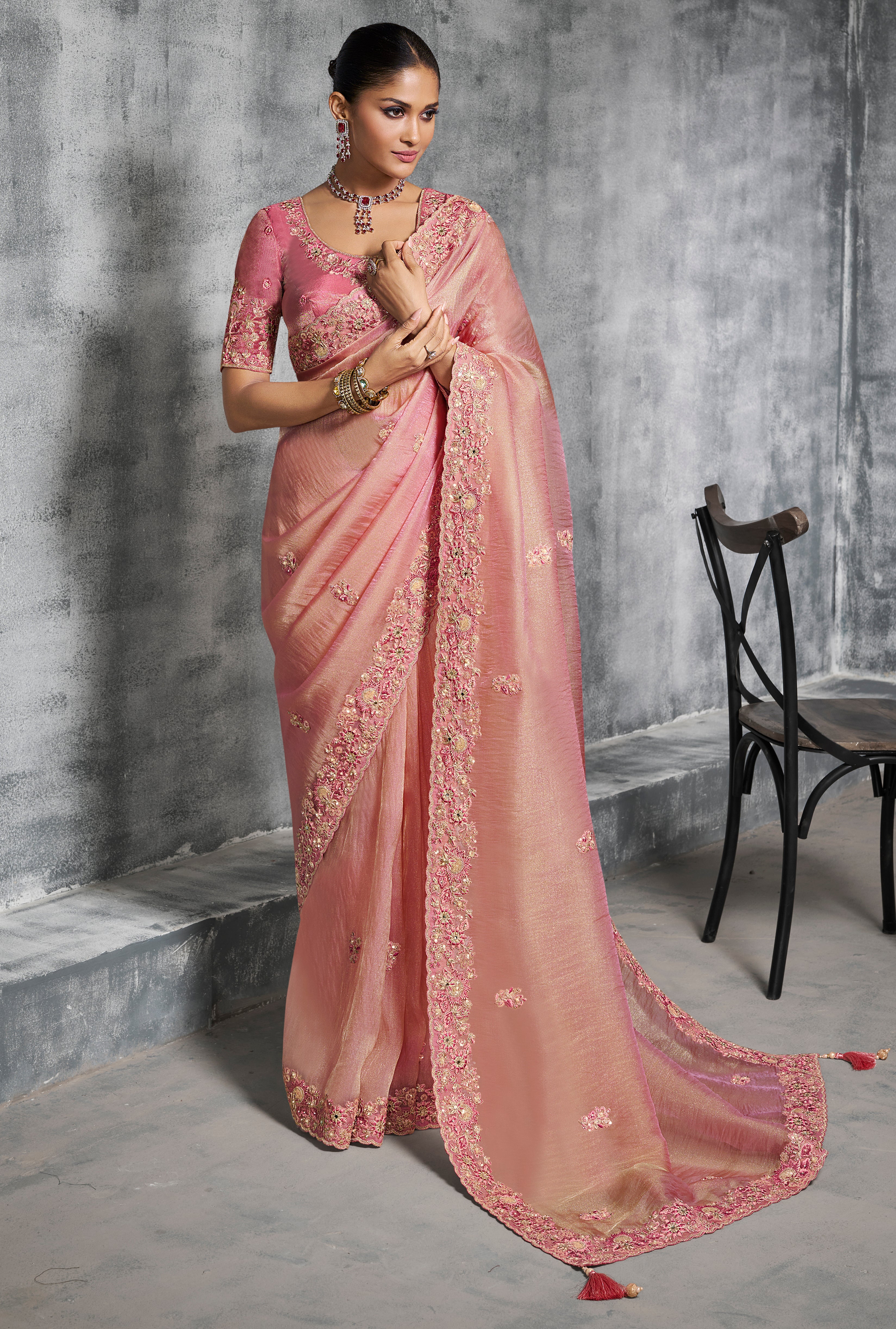Pink Saree With  Thread Embroidery Work ,Hand-Finished Stone & Mirror work With Embroidery Blouse