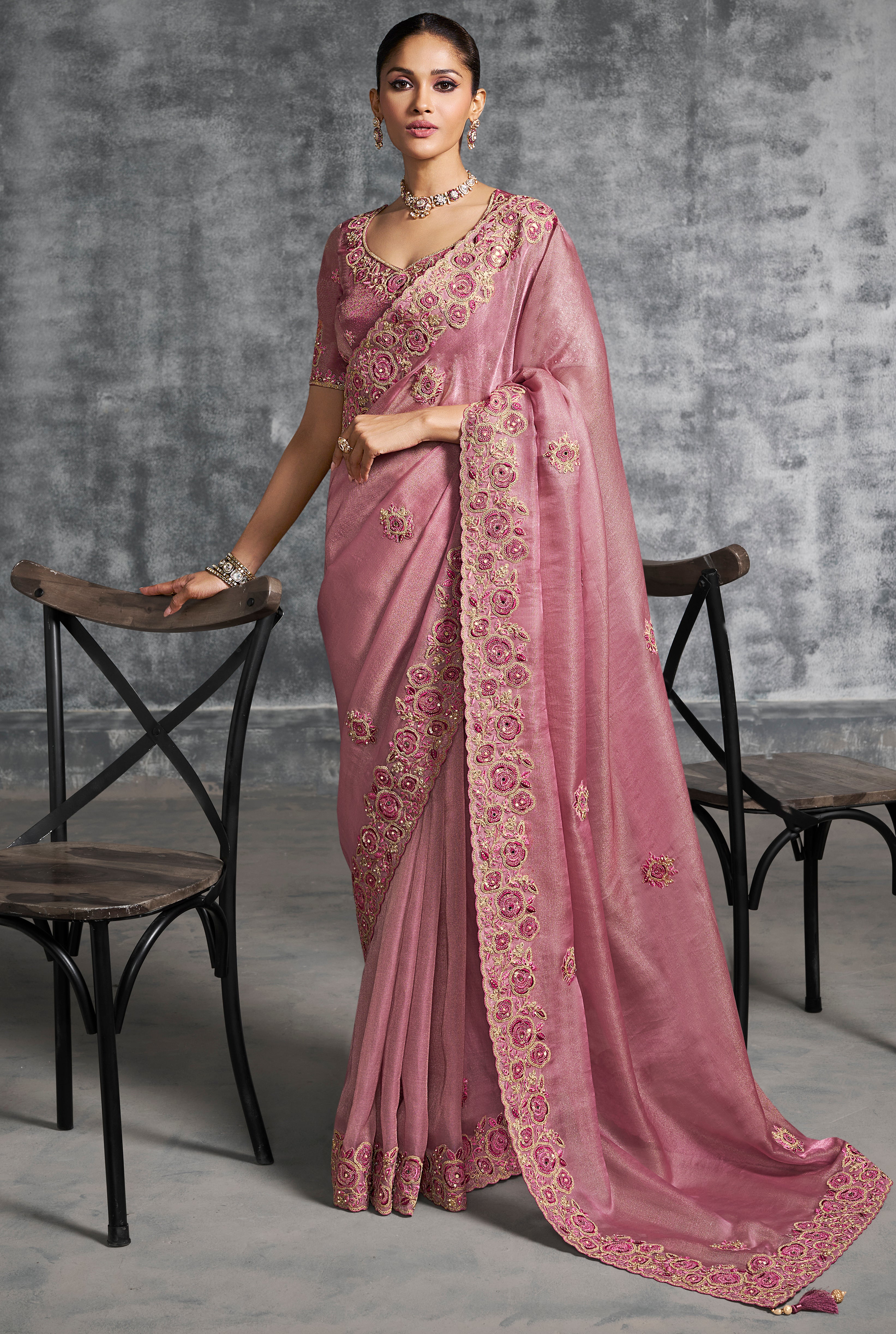 Pink Saree With  Thread Embroidery Work ,Hand-Finished Stone & Mirror work With Embroidery Blouse