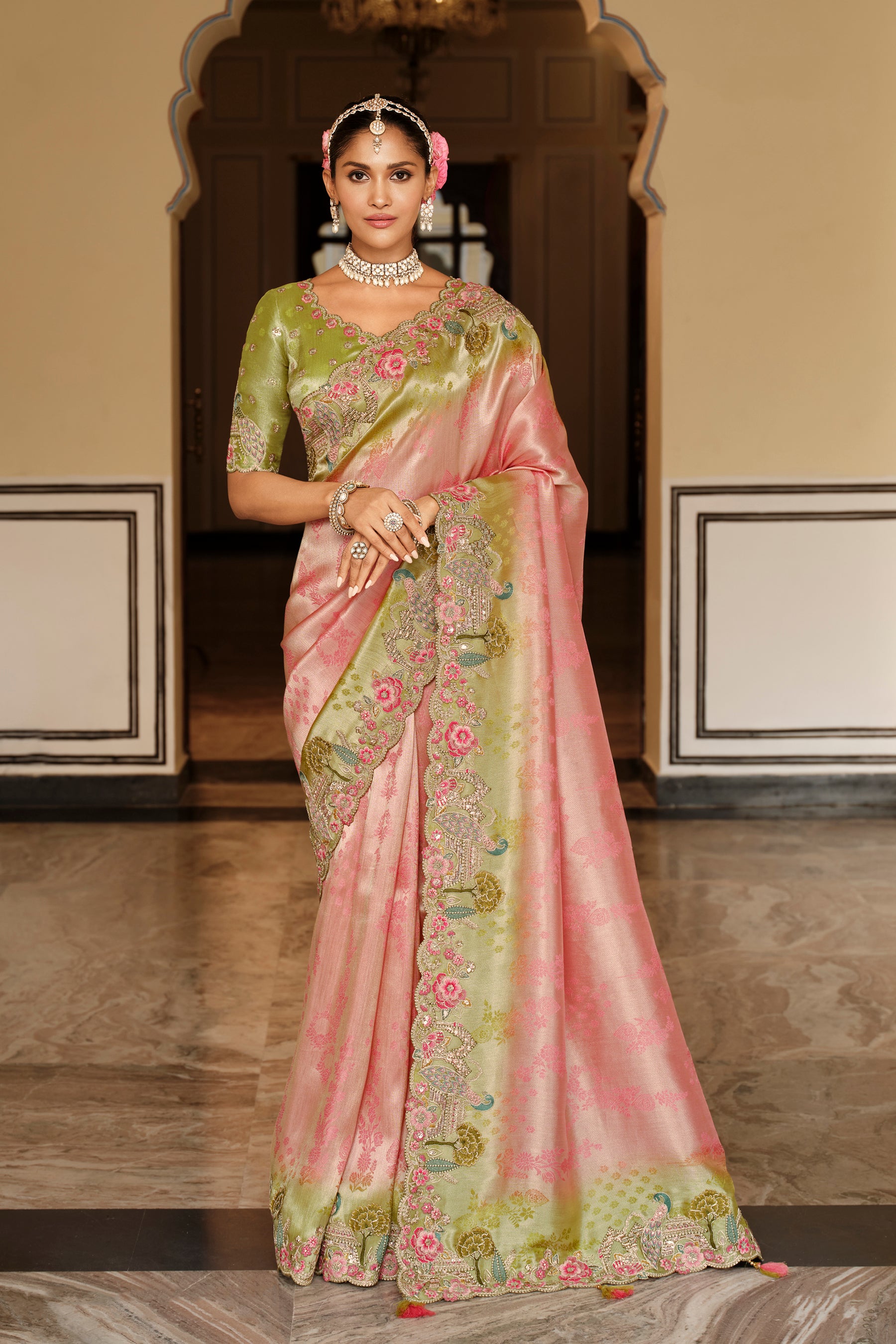Pink Saree With  Zari weaving With Heavy Thread Embroidery With khatli work
