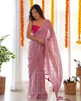 Pink Satin Georgette Fabric Designer Sequins Embroidery Work Ethnic Partywear Saree