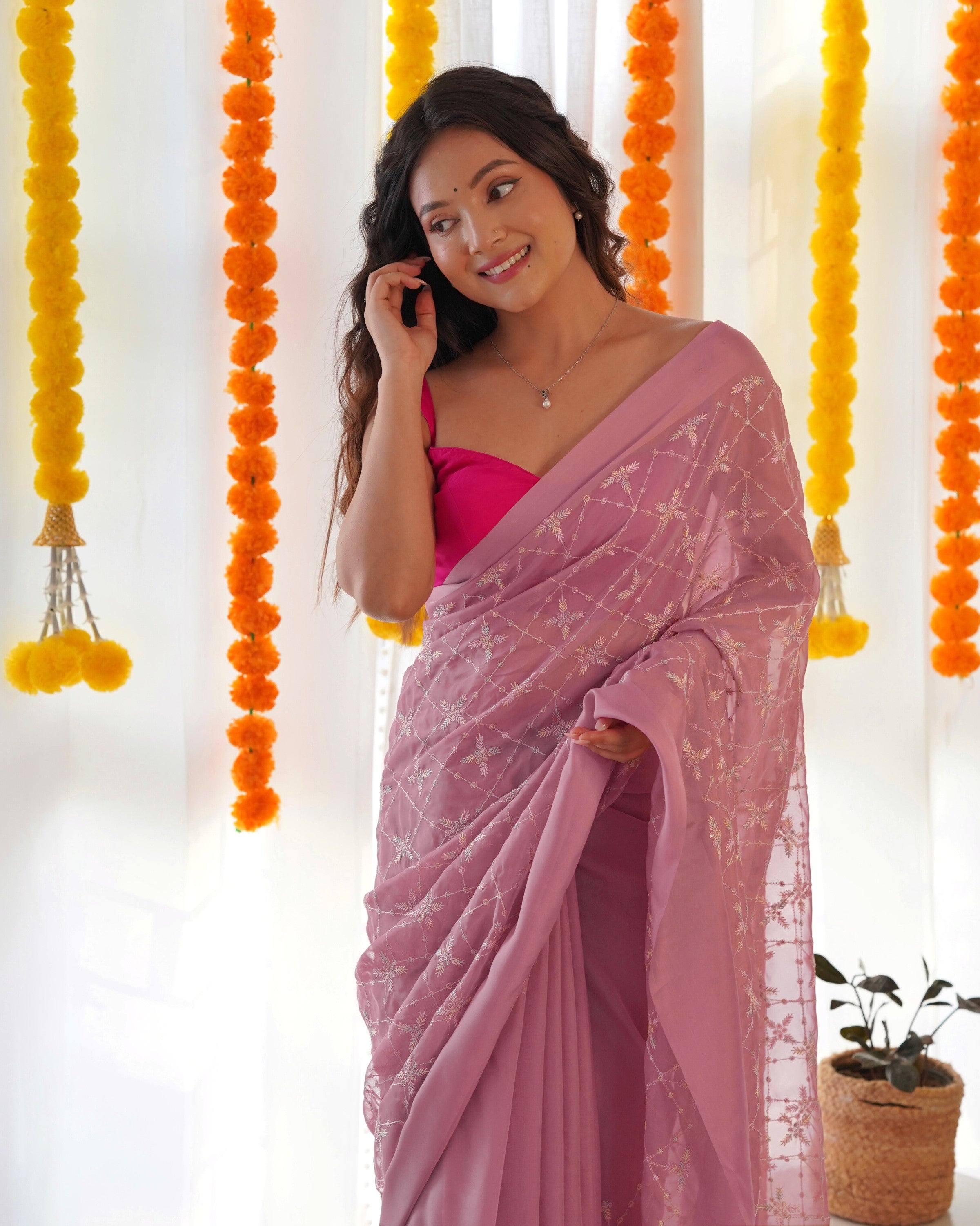 Pink Satin Georgette Fabric Designer Sequins Embroidery Work Ethnic Partywear Saree