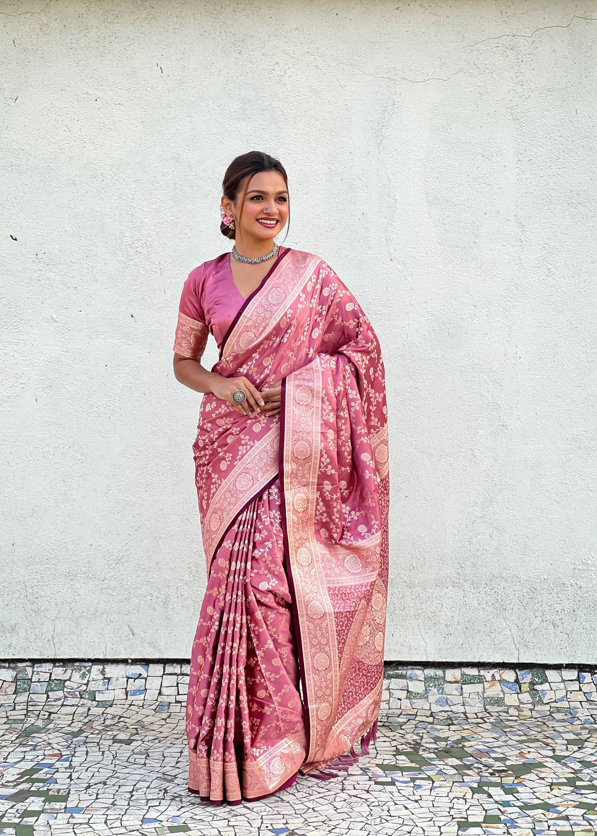 Pink Satin Saree With Zari and Woven Work
