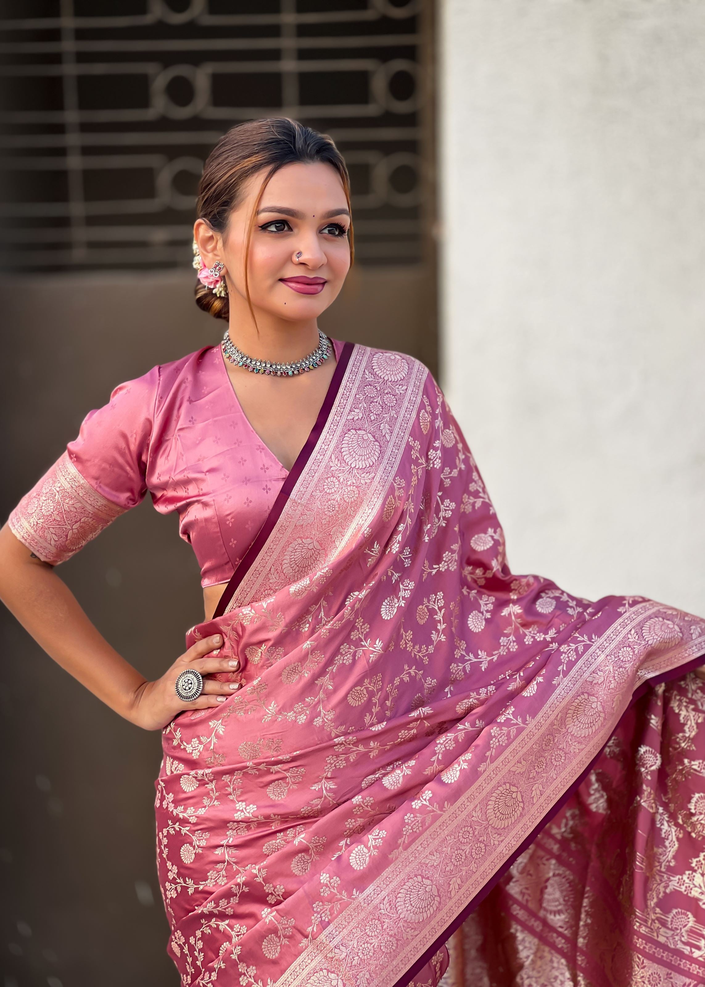 Pink Satin Saree With Zari and Woven Work