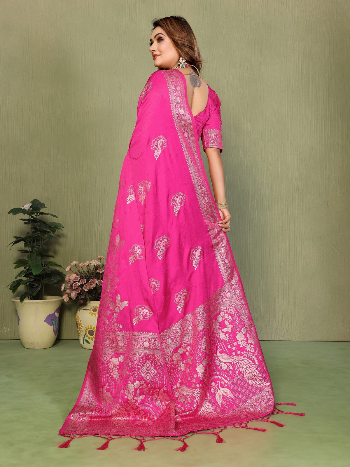 Pink Satin Silk Saree With Zari Weaving Butta