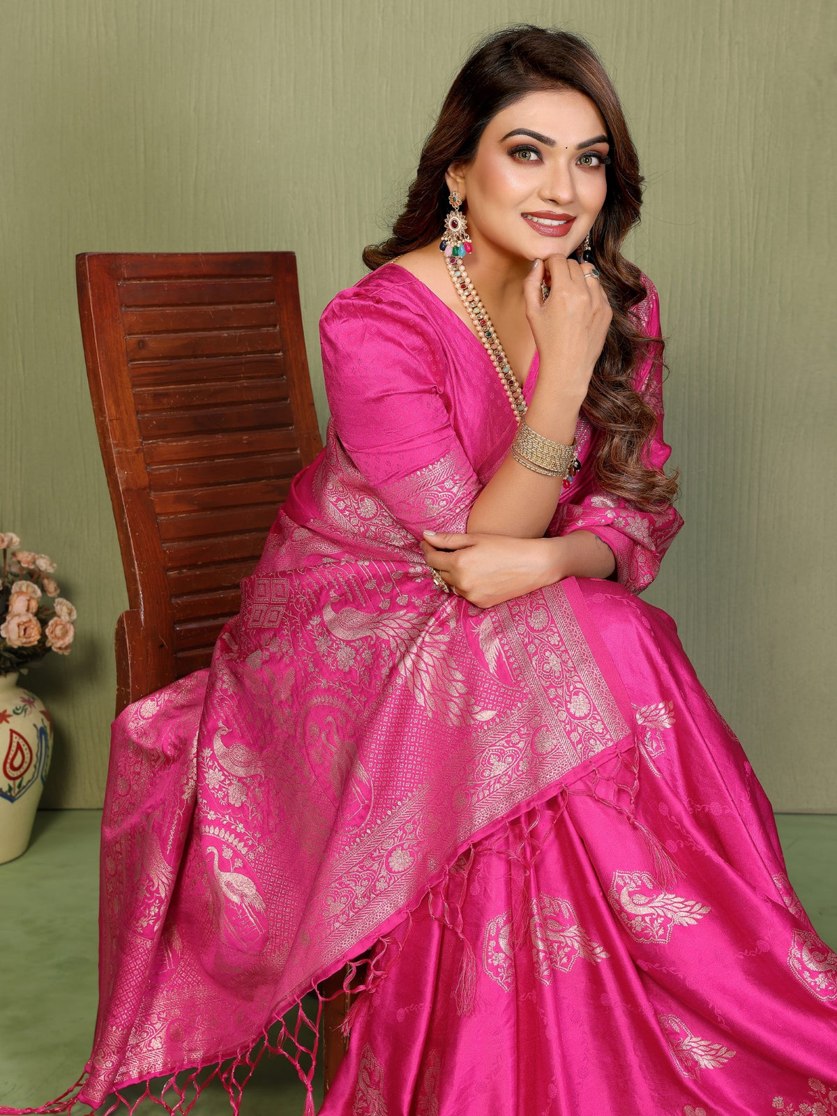 Pink Satin Silk Saree With Zari Weaving Butta