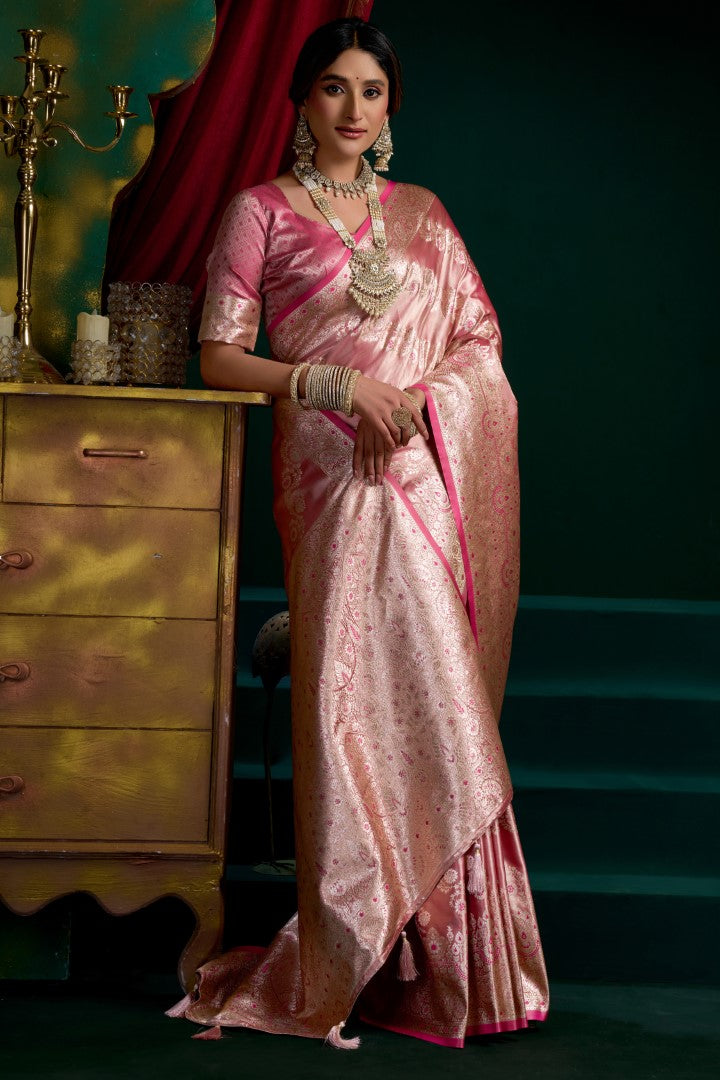 Pink Satin Silk Saree with Jacquard Woven Fancy Pom Pom Design