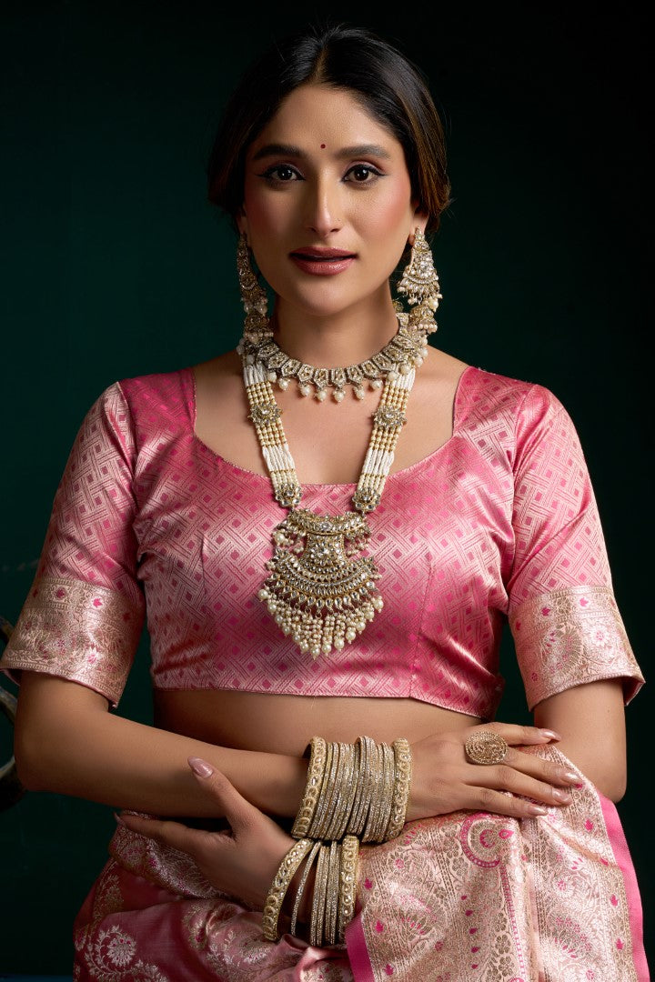 Pink Satin Silk Saree with Jacquard Woven Fancy Pom Pom Design