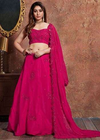 Pink Sequins Georgette Wedding Lehenga Choli With Dupatta