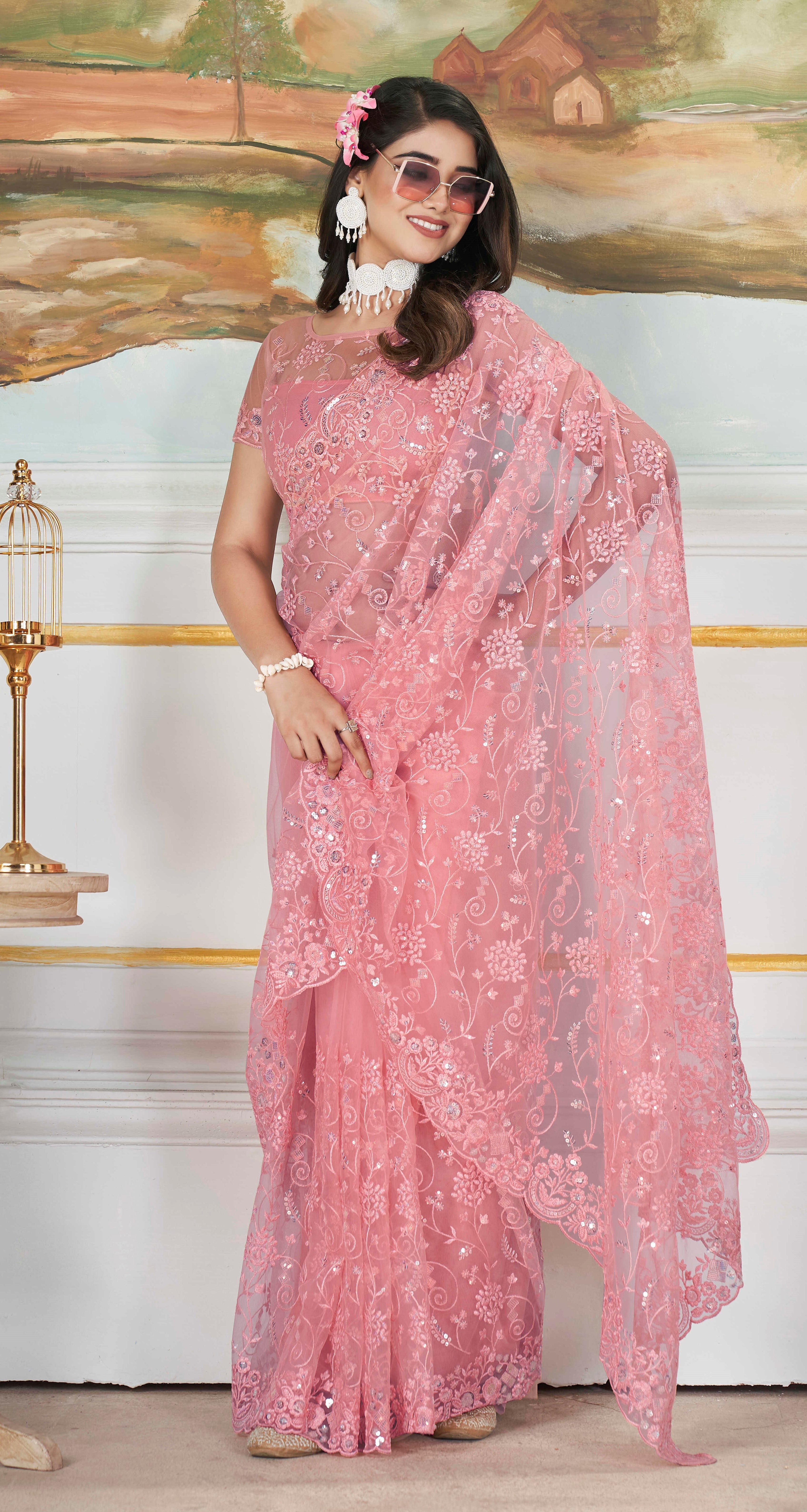 Pink Sequins With Thread Embroidery Work Butterfly Net Partywear Saree