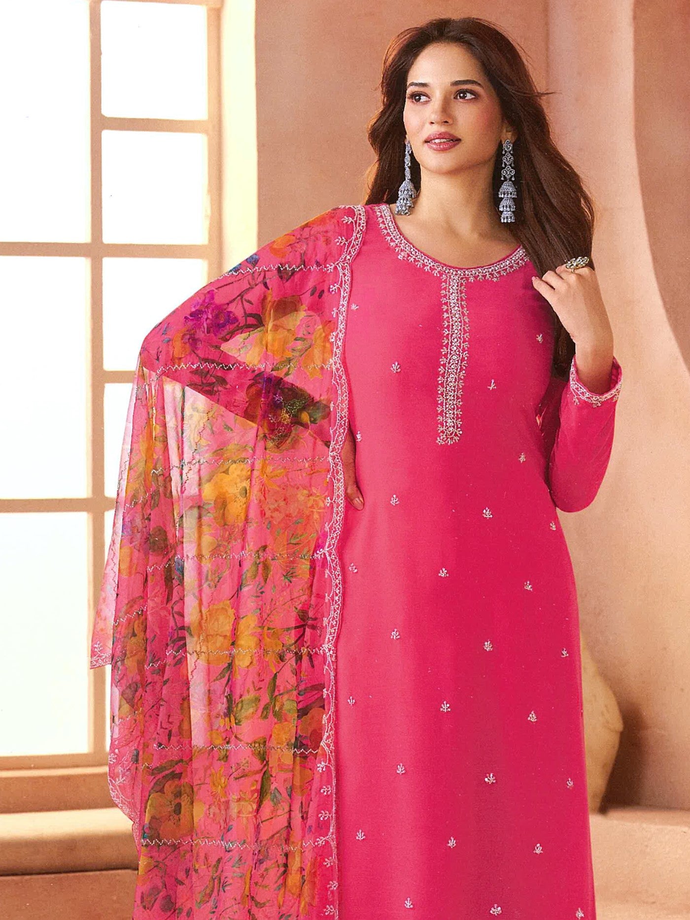 Pink Siffon Designer Suit Set With Elegant Embroidery