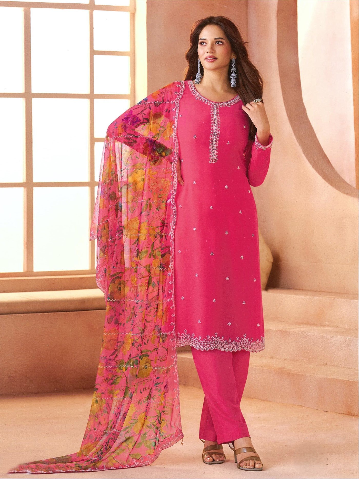 Pink Siffon Designer Suit Set With Elegant Embroidery