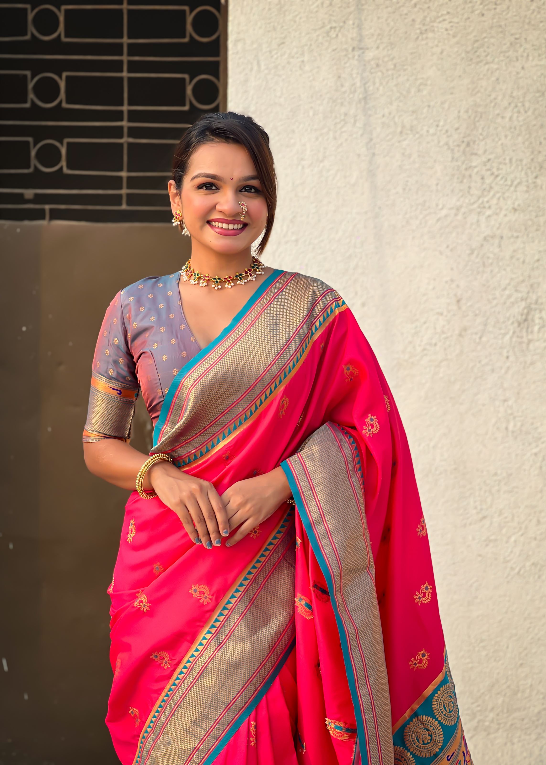 Pink Silk Blend Paithani Saree With Woven Work