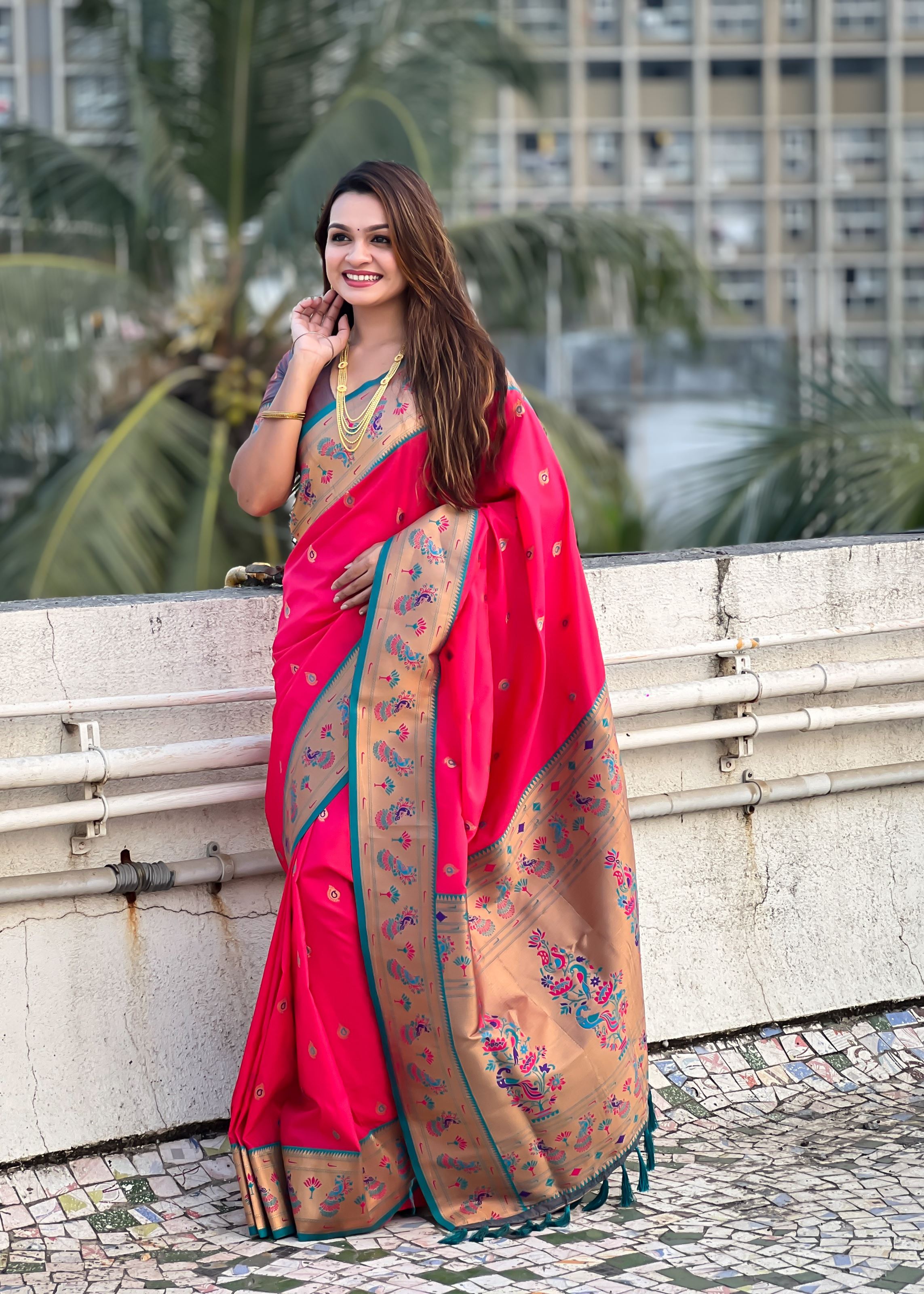 Pink Silk Blend Paithani Saree