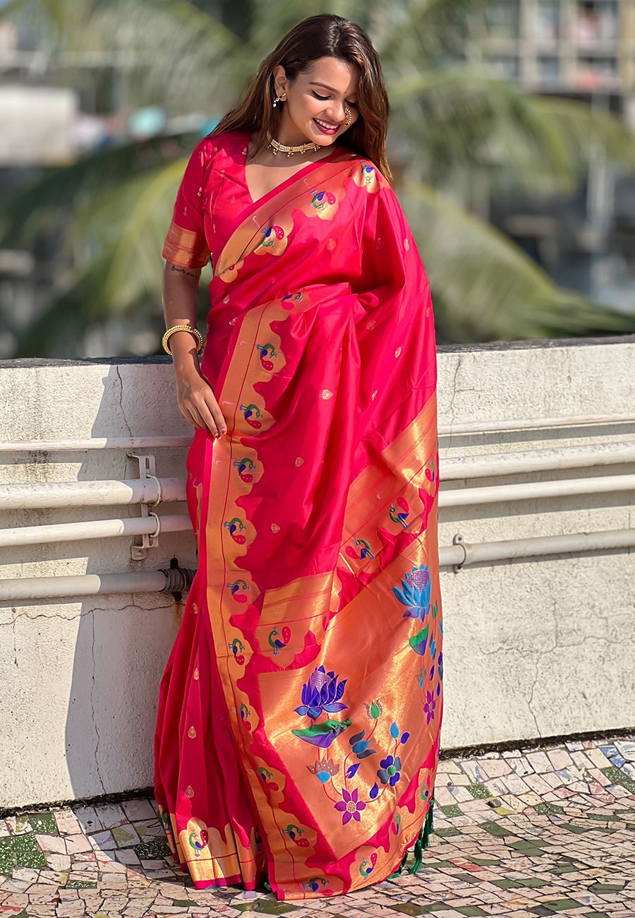 Pink Silk Blend Paithani Saree