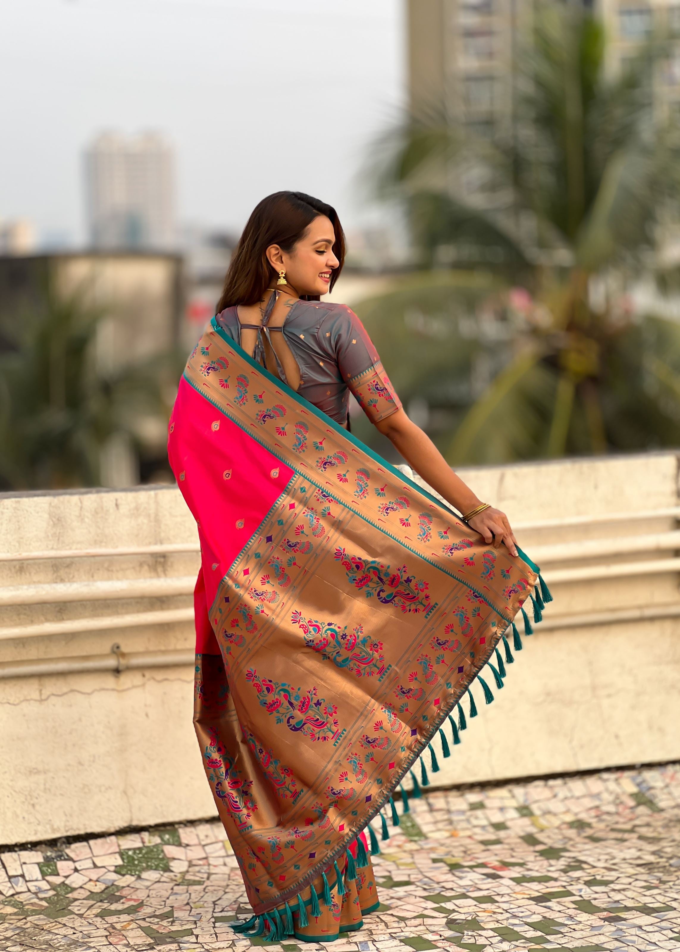 Pink Silk Blend Paithani Saree
