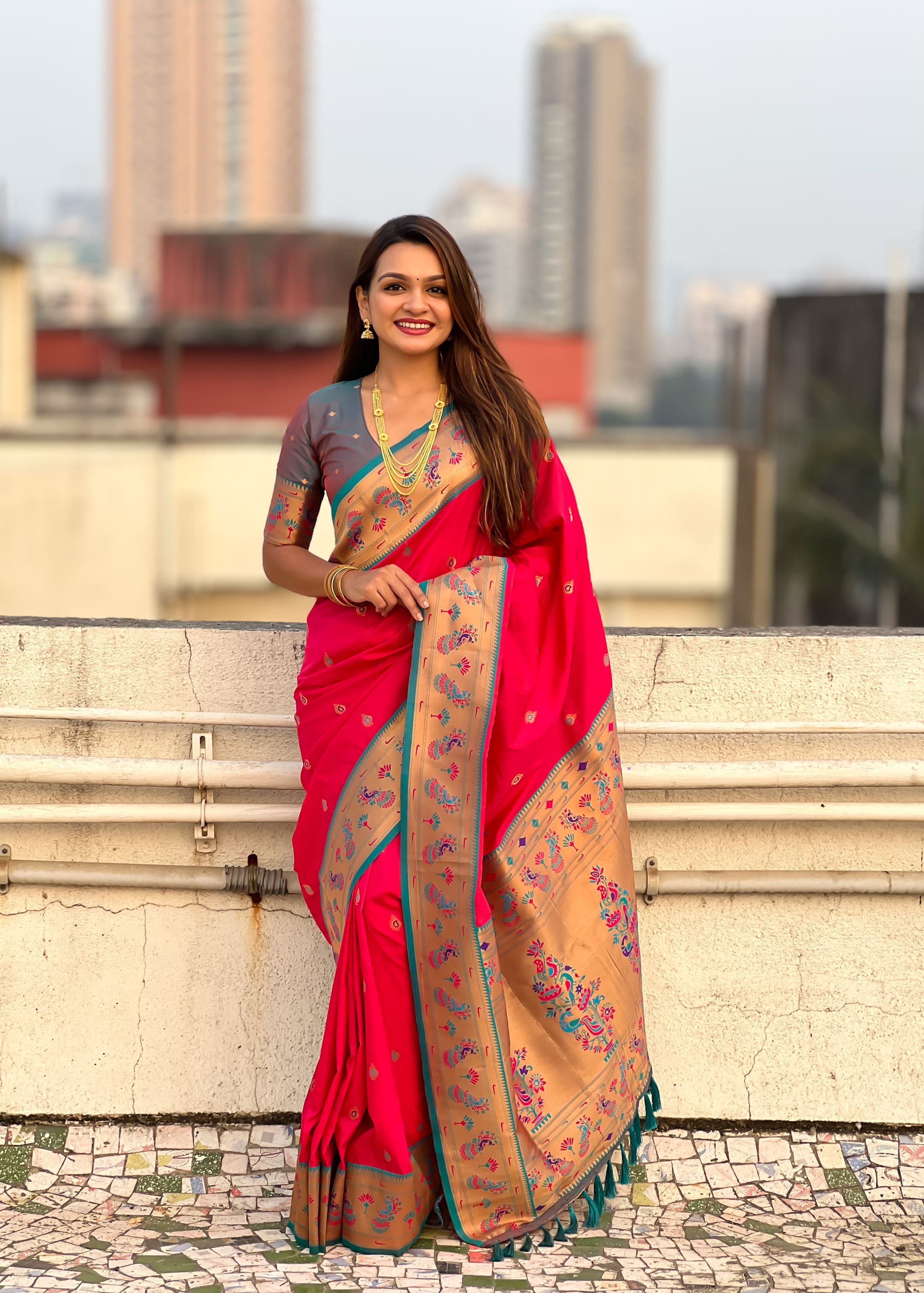 Pink Silk Blend Paithani Saree