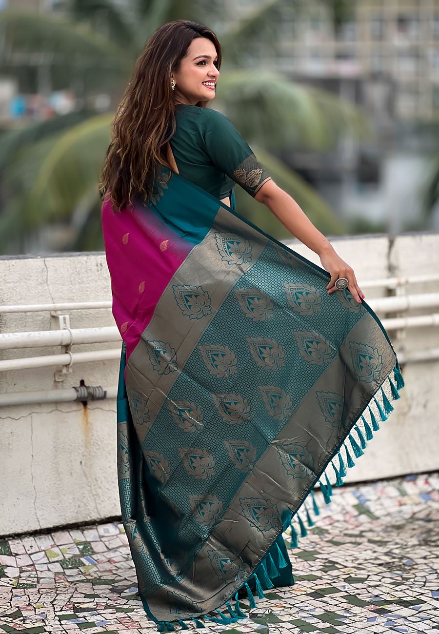 Pink Silk Blend Saree With Floral Border Zari Woven Work