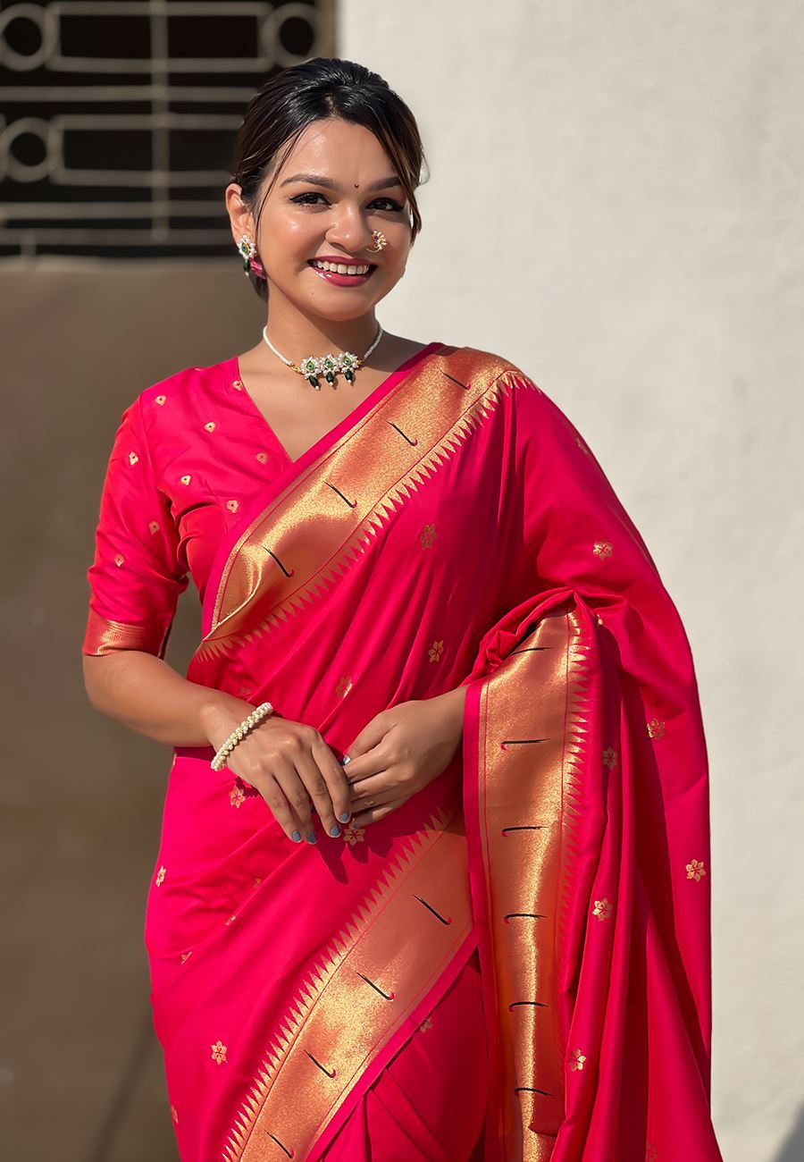 Pink Silk Blend Vitthala God Paithani Silk Saree