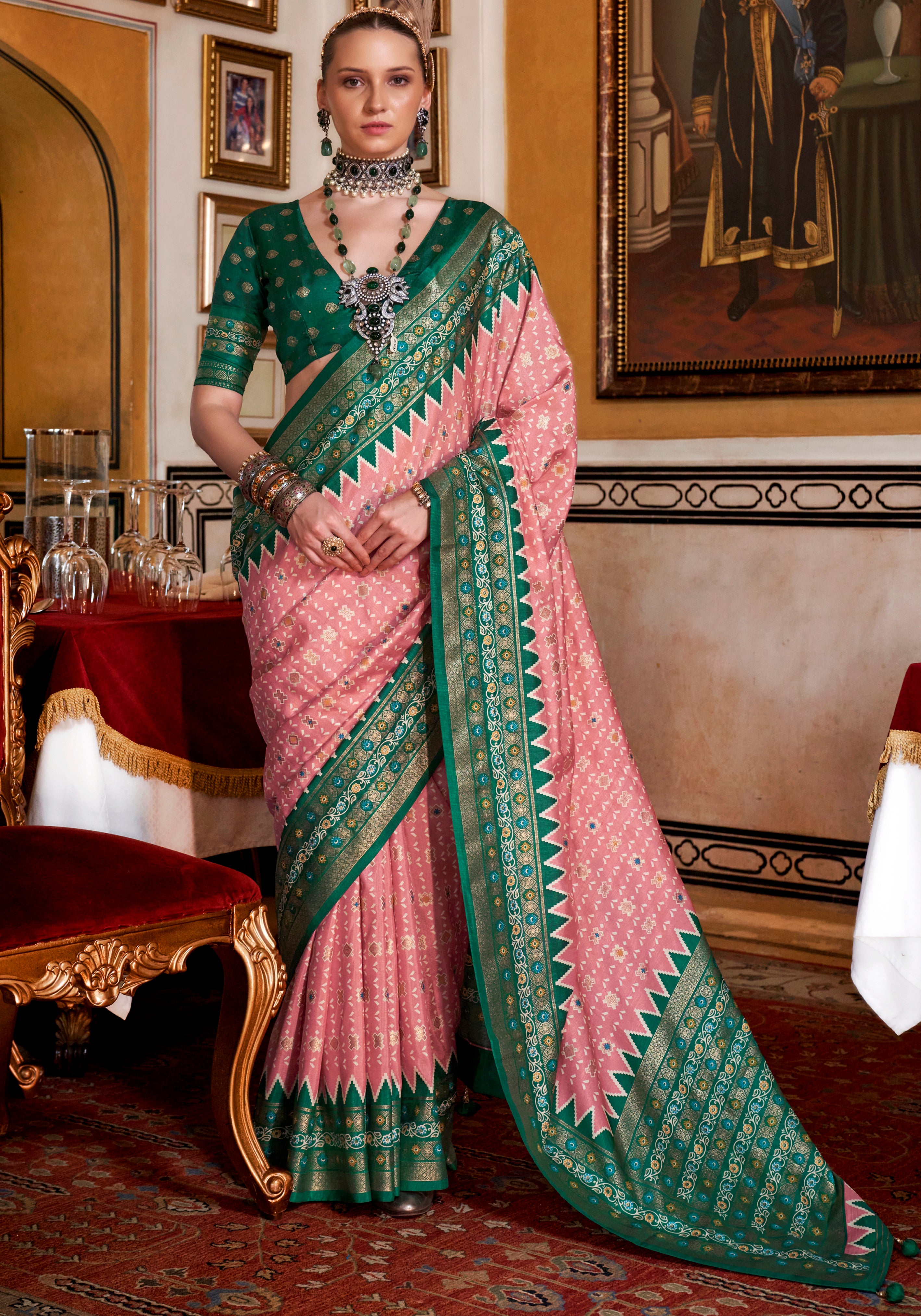 Pink Silk Saree With  Digital Patola Print