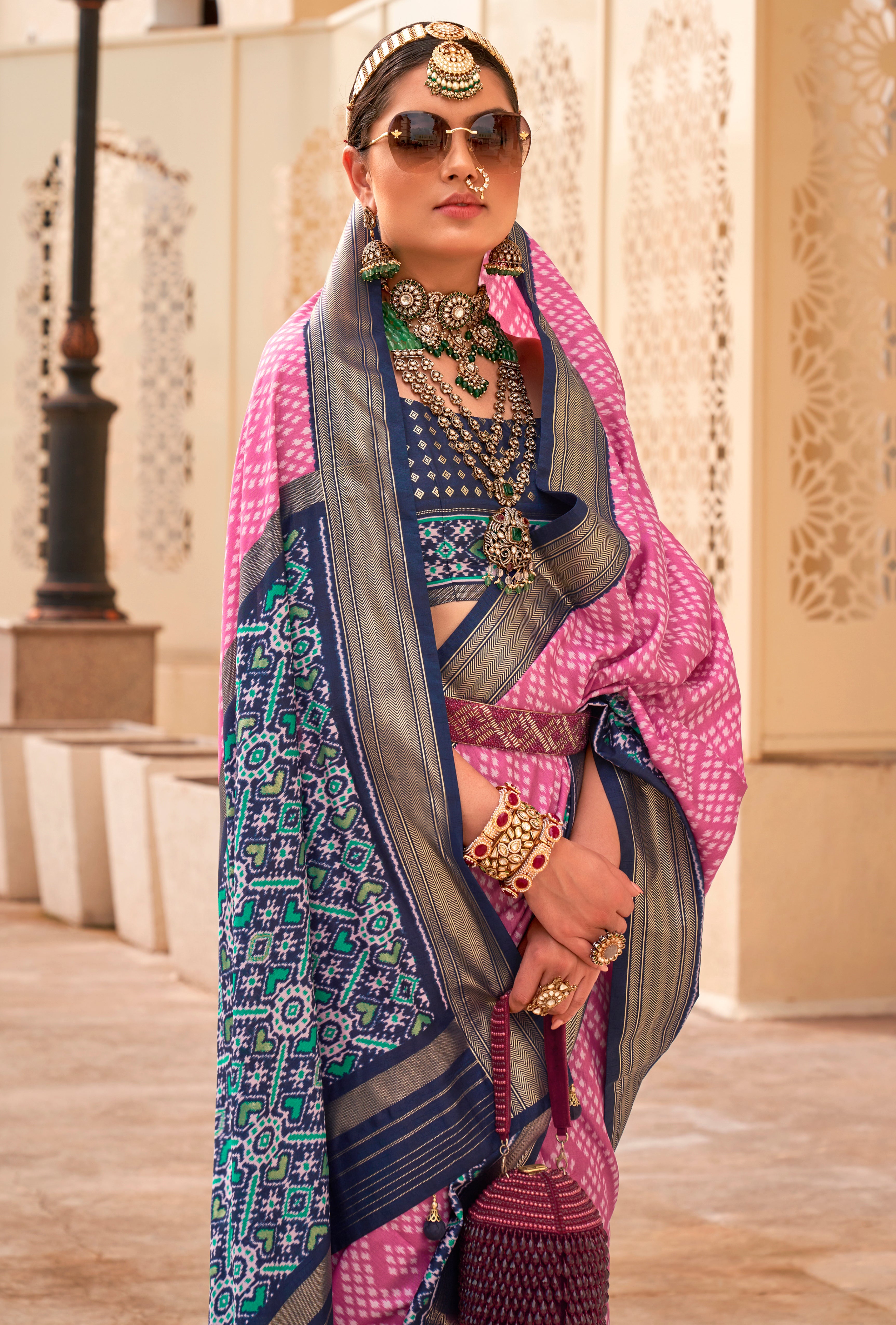 Pink Silk Saree With  Digital Patola Print