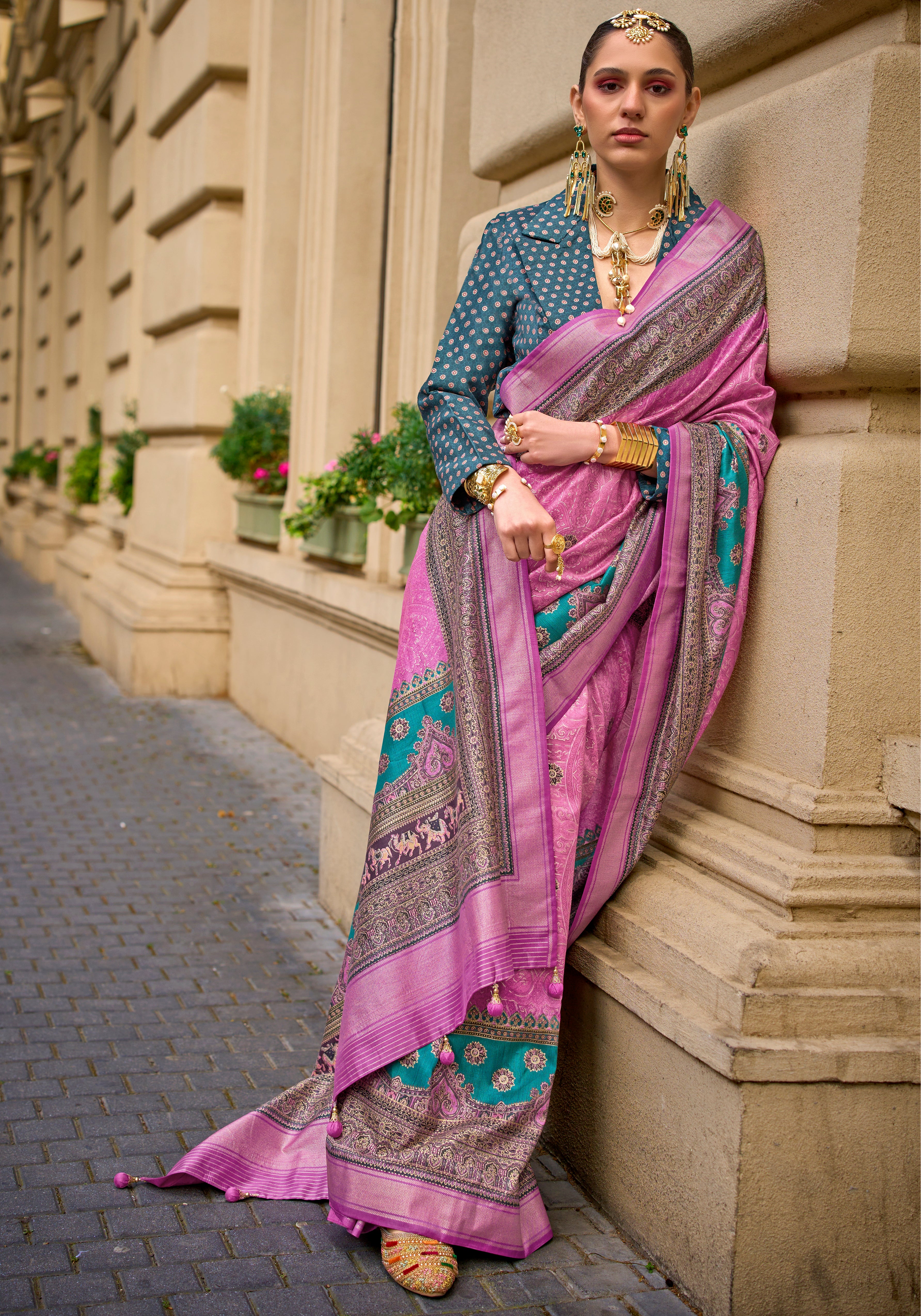 Pink Silk Saree With  Foil Print