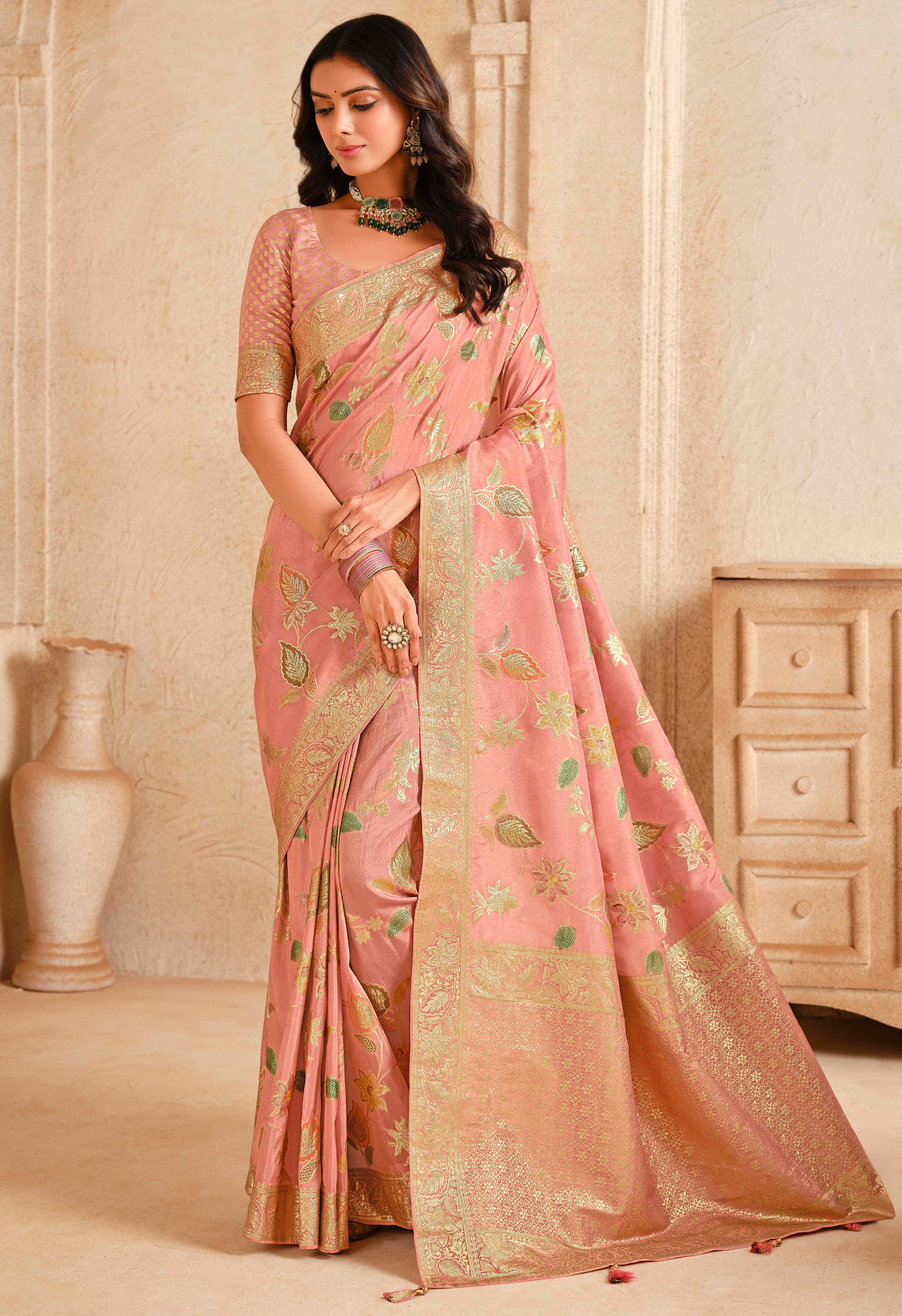 Pink Silk Saree With  Jacquard Woven Work