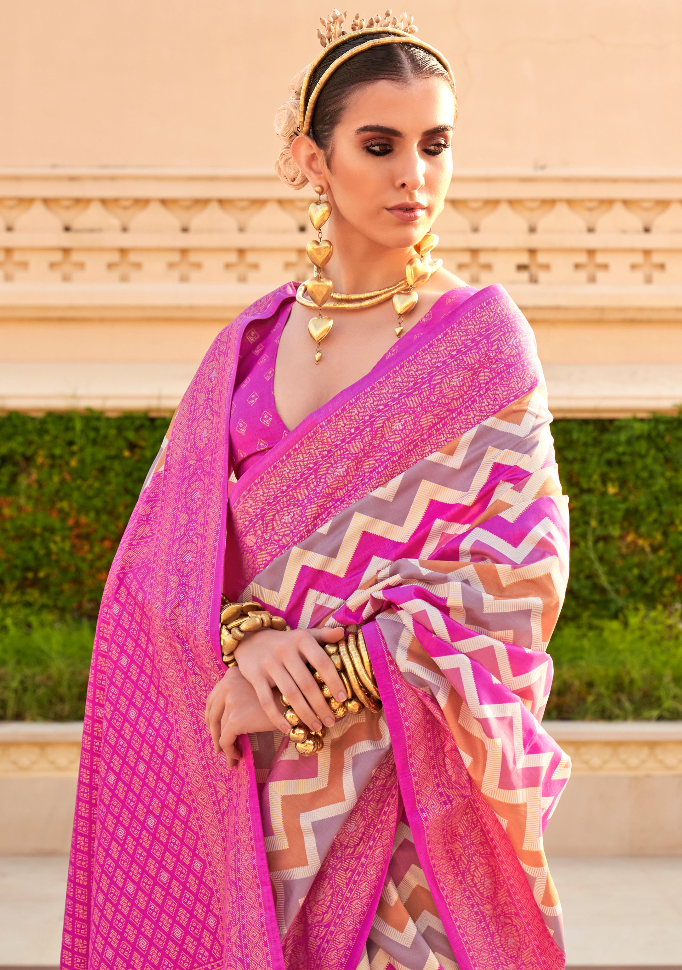 Pink Silk Saree With  Printed With Jacquard Woven Work