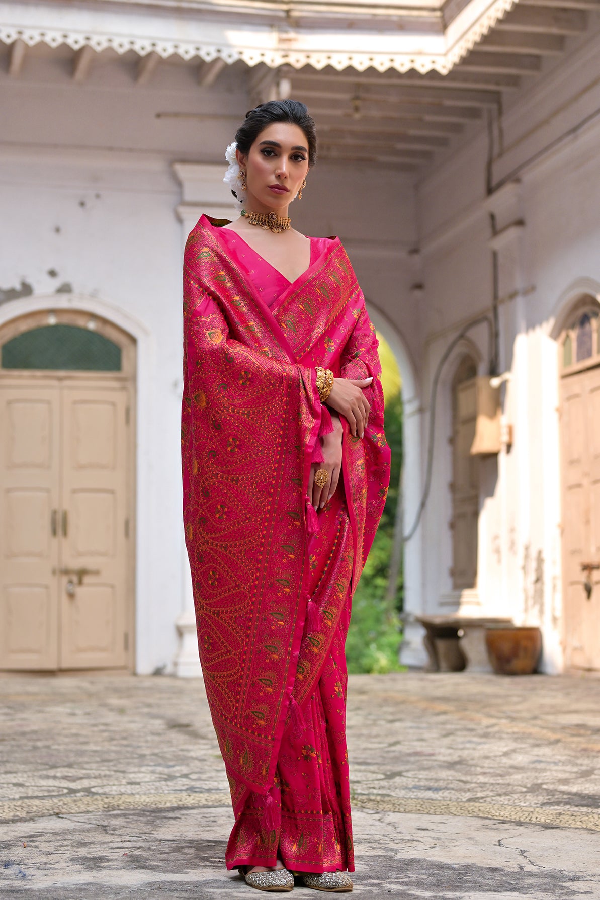 Pink Silk Saree with Thread Jal and Floral Weaves