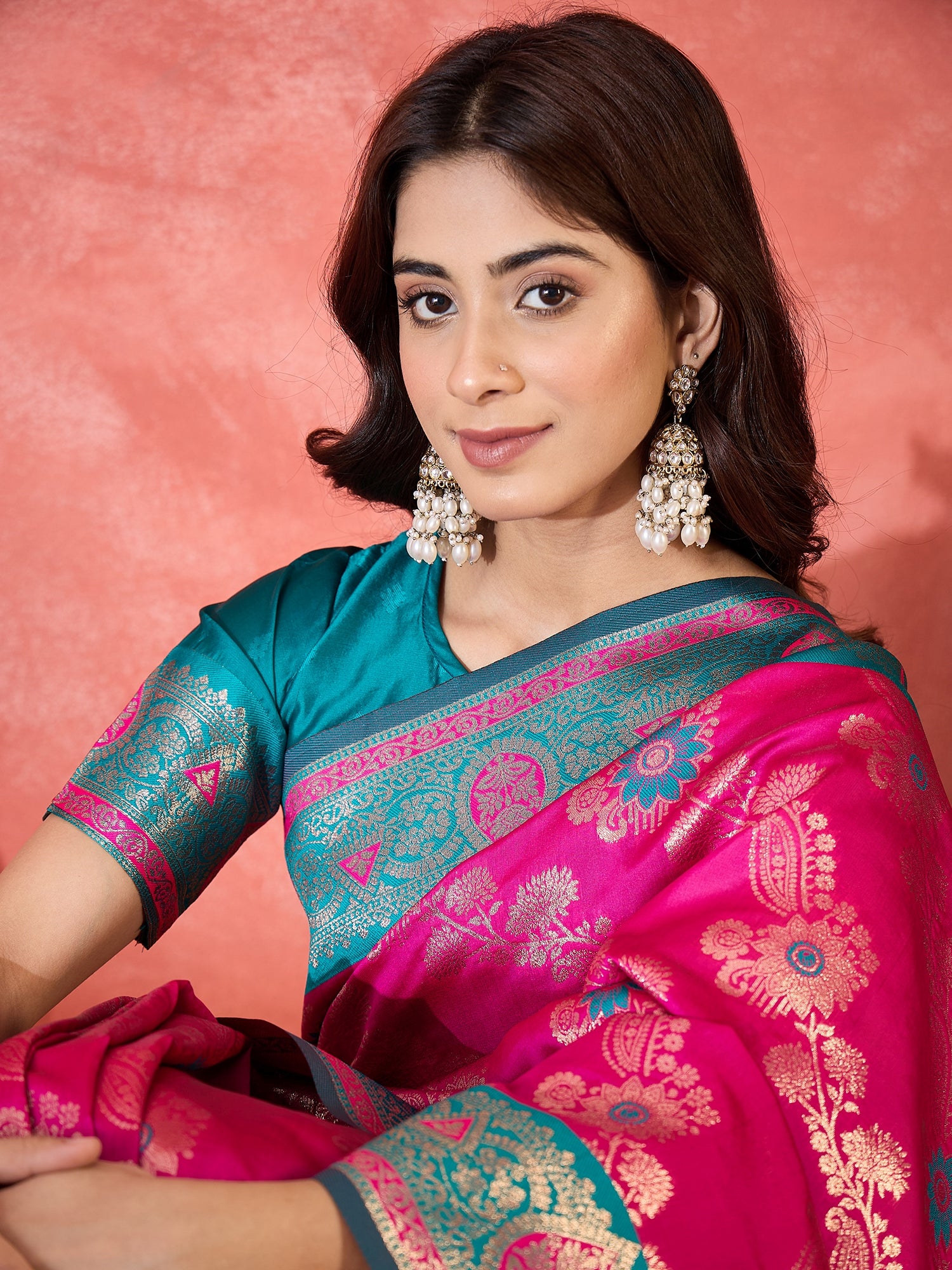 Pink Silk Woven Designer Partywear Ethnic Silk Saree