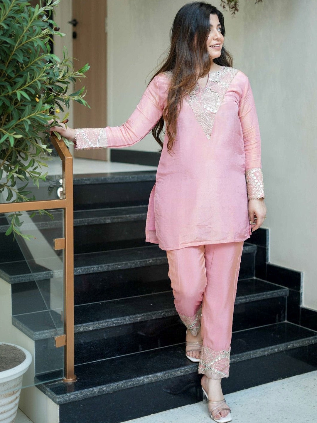 Pink Simmer Silk Kurta With Palazzo Set With Heavy Thread Embroidery, Mirror With Sequins Work