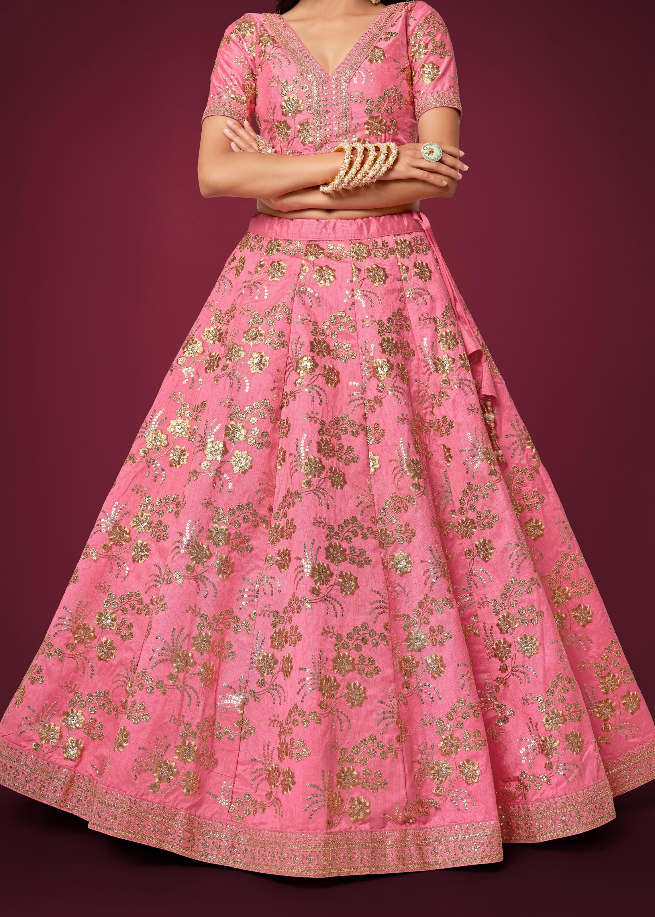 Pink Slub Silk Lehenga Choli With Zari Sequins and Dori Embroidery Work