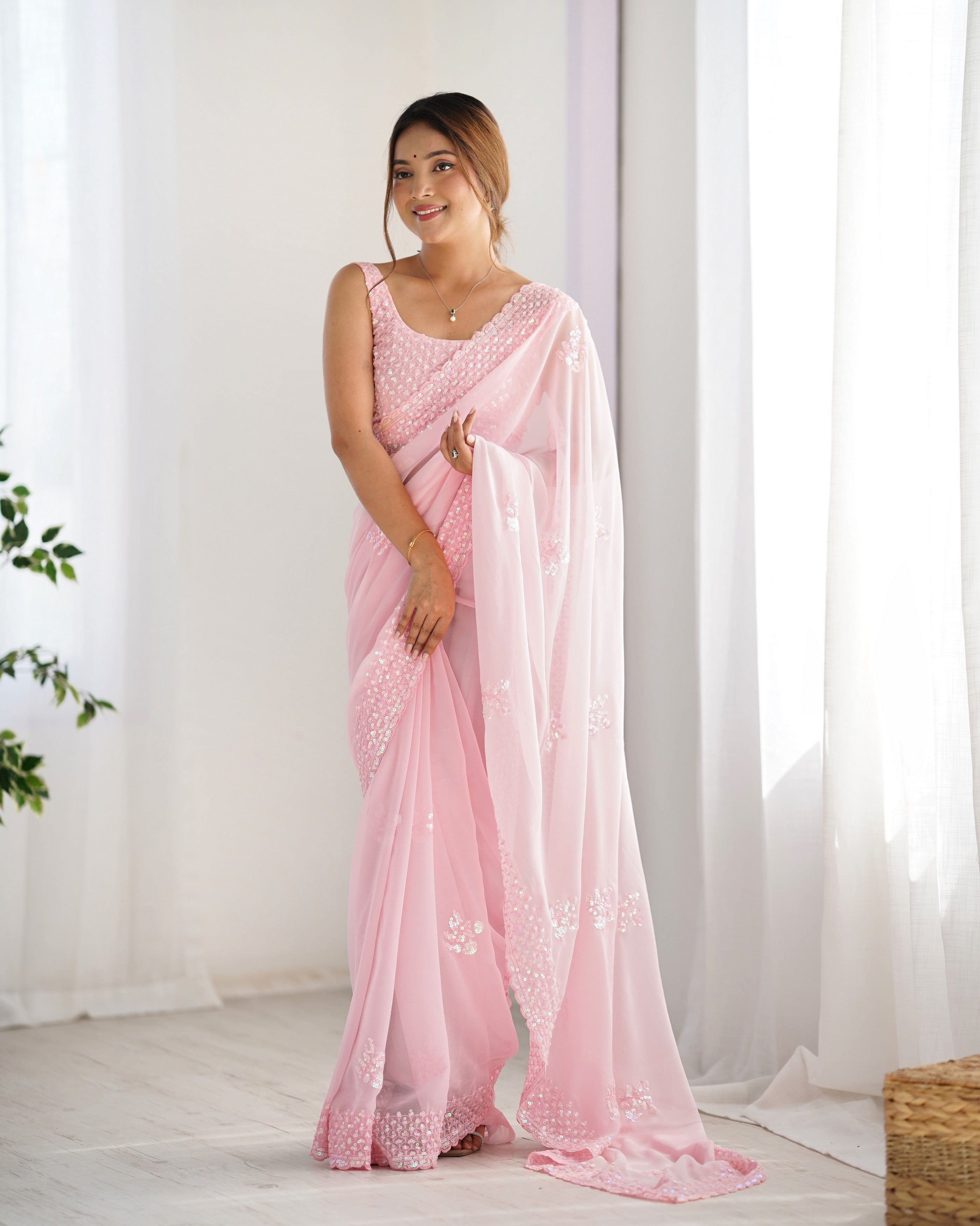 Pink Smart And Sparkling Bollywood Party Style Sequins Work Saree