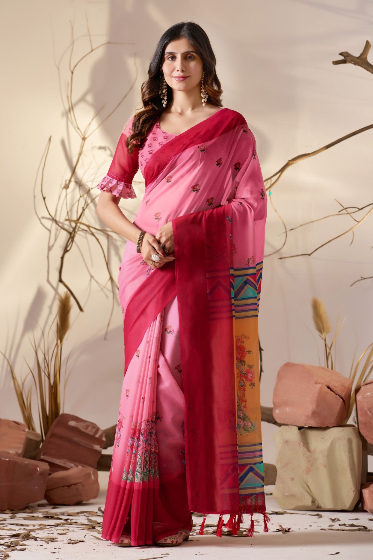 Pink Soft Georgette Saree With Digital Printed Festive Designer Saree