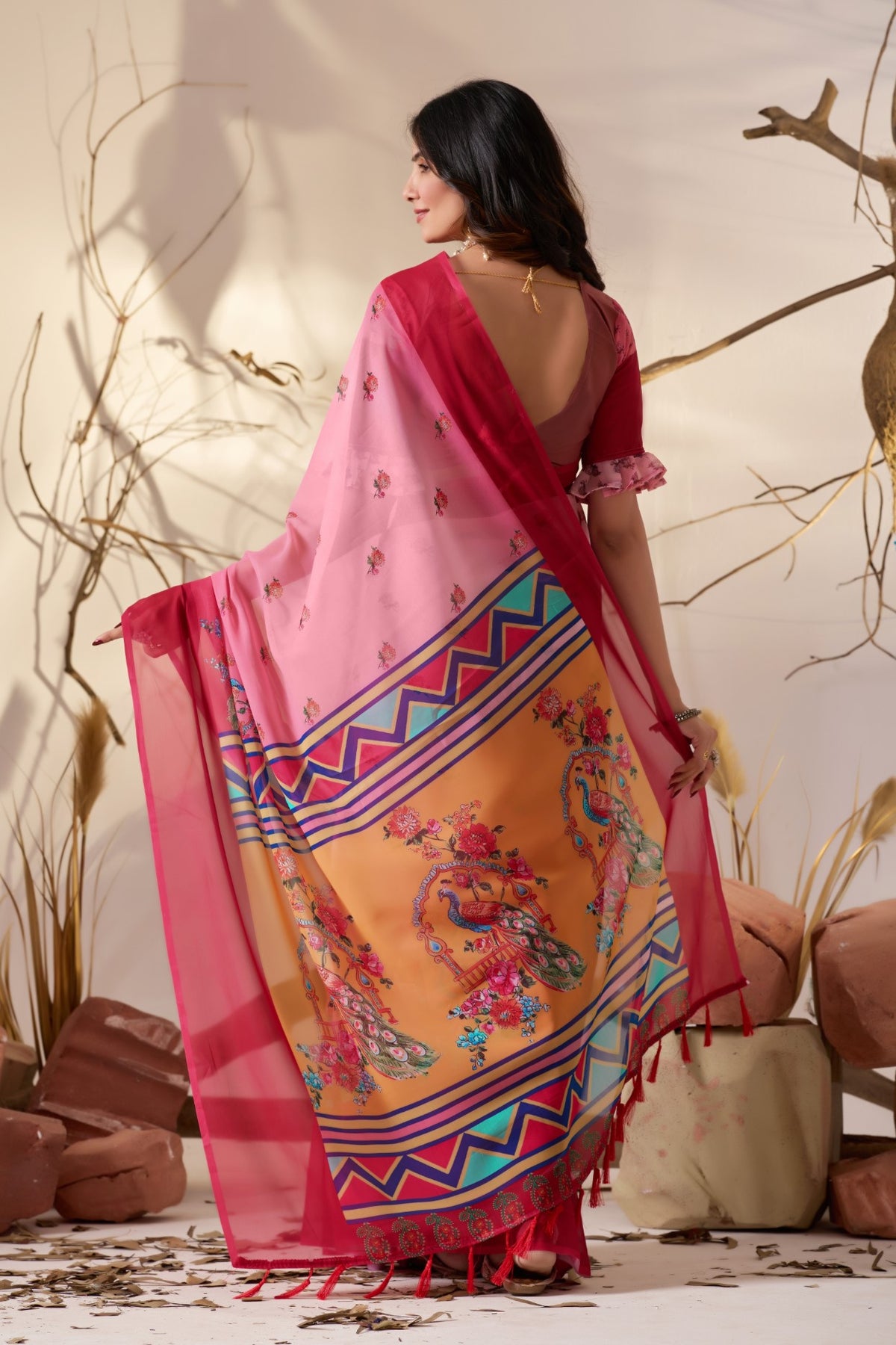 Pink Soft Georgette Saree With Digital Printed Festive Designer Saree