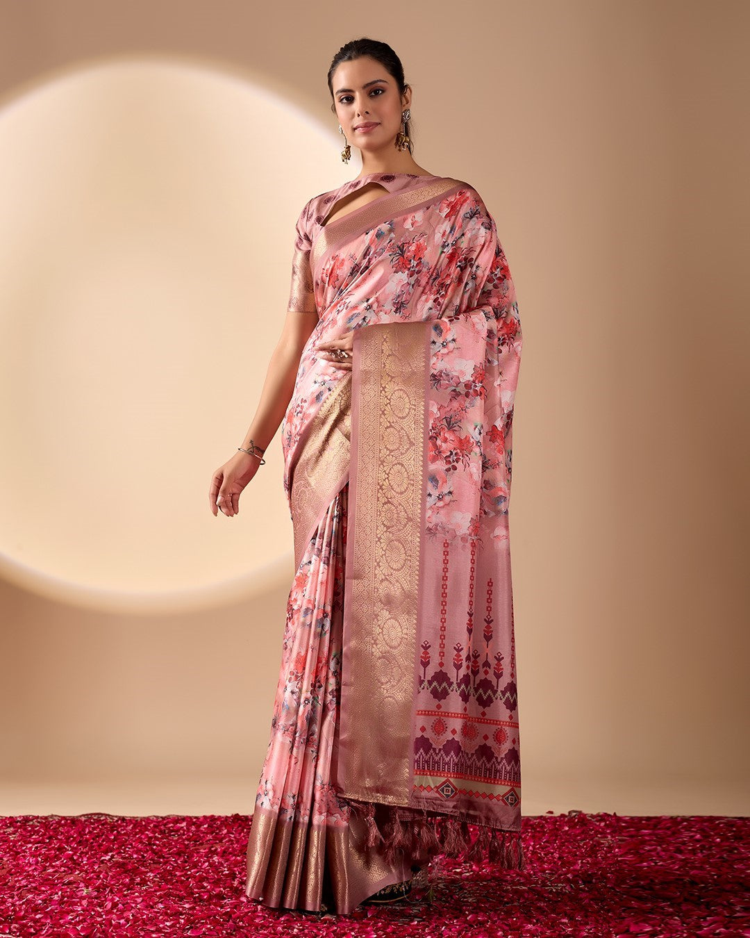 Pink Soft Lichi Silk Saree With Digital Printed Elegant Designer Saree