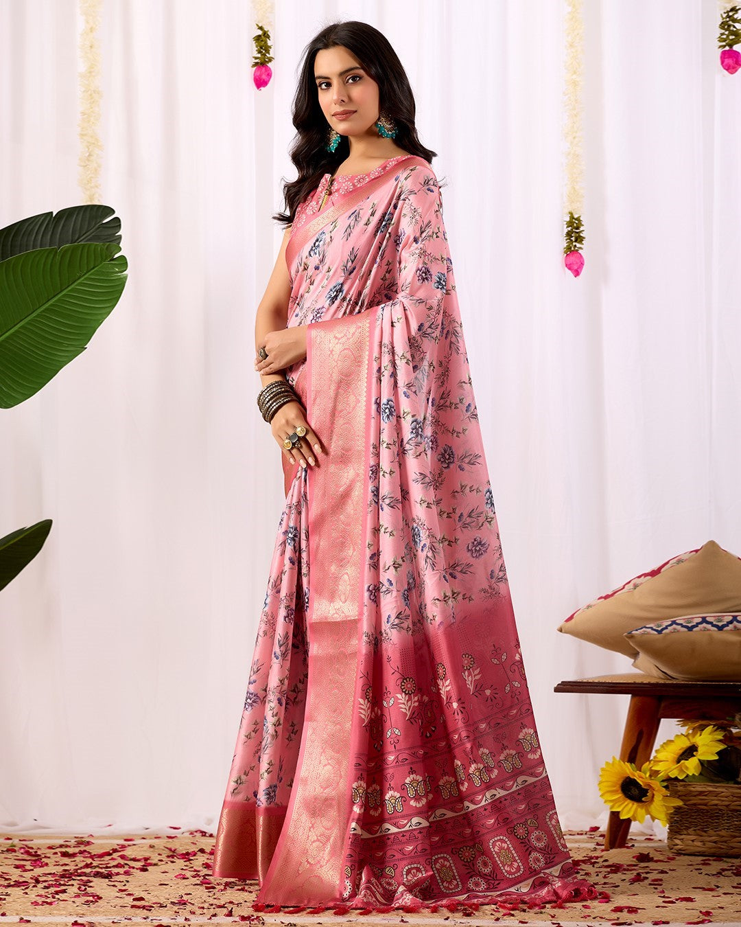 Pink Soft Lichi Silk Saree With Digital Printed Premium Classic Saree